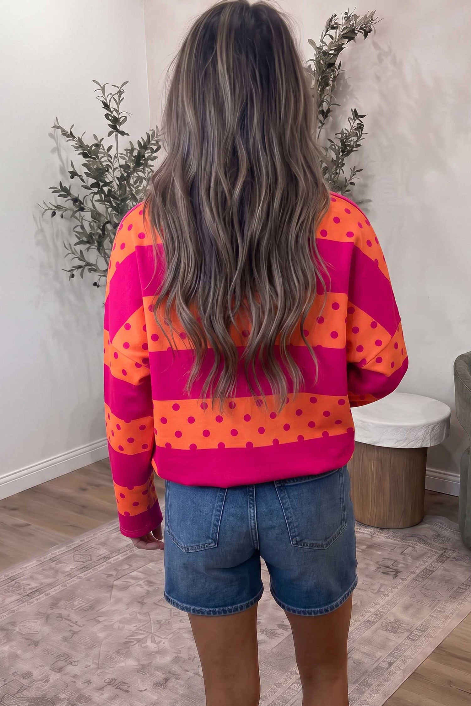 PRE-ORDER: Striped Polka Dot Quarter Zip Long Sleeve Top