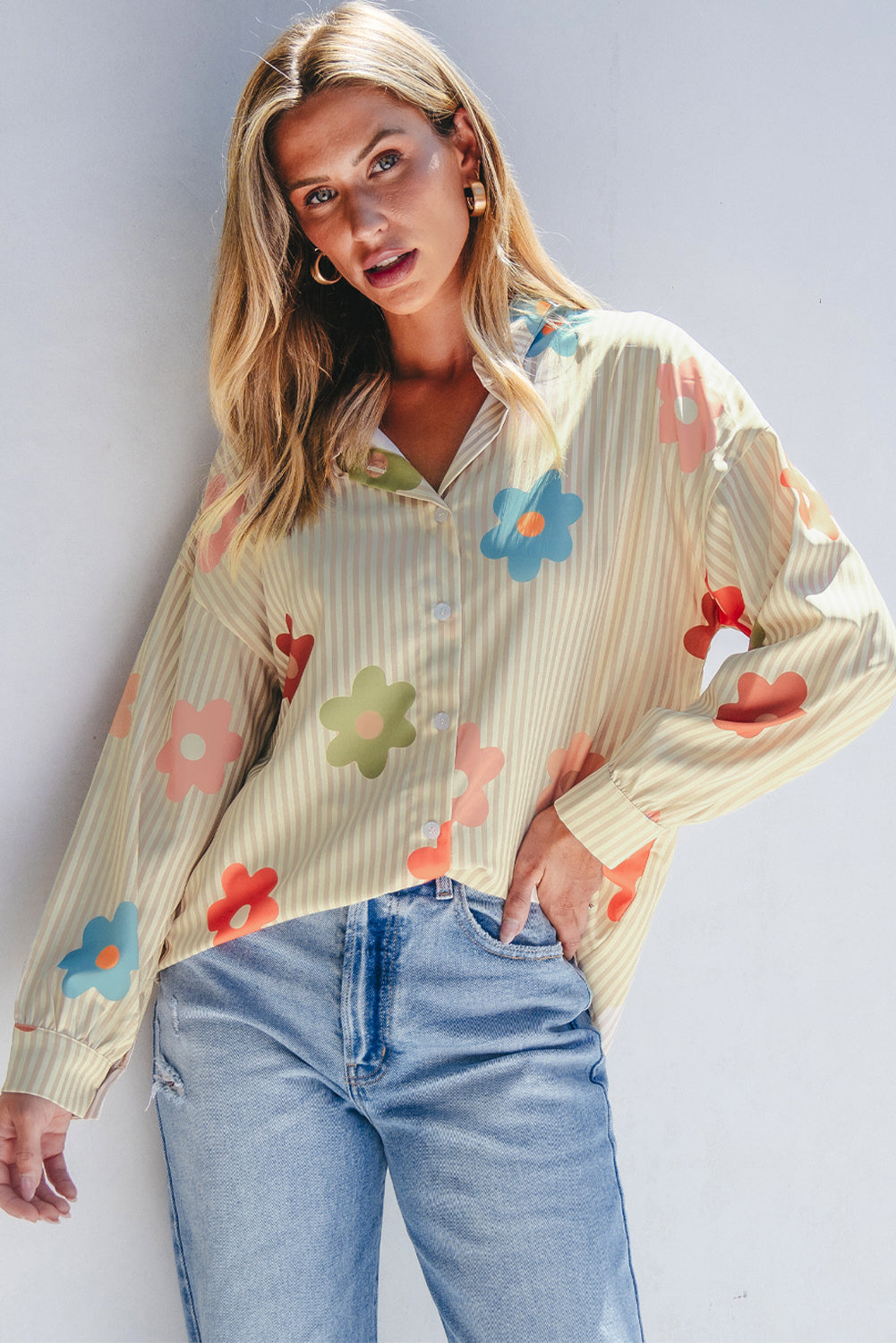 Striped Flower Print Collared Button down Top