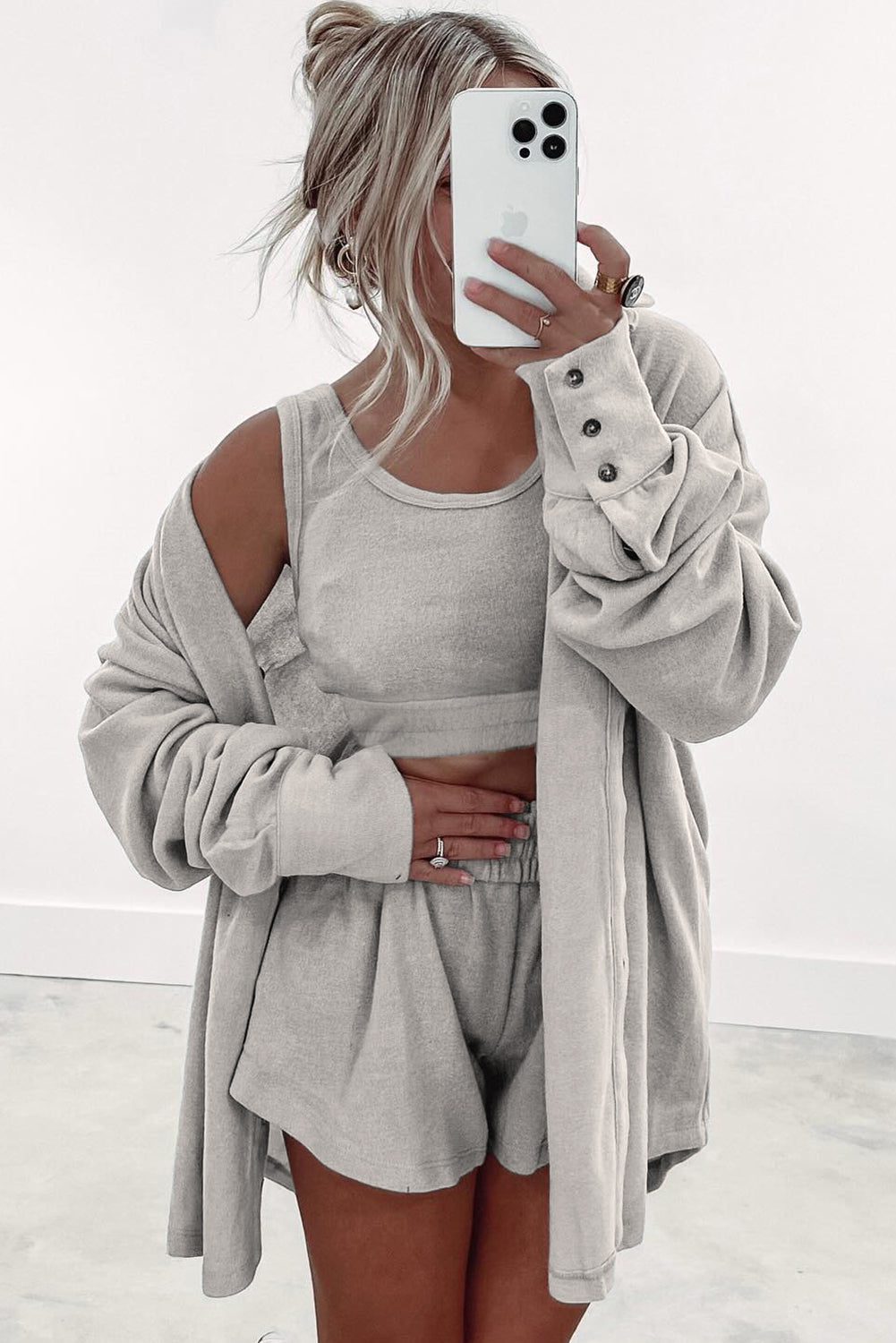 PRE-ORDER: Shirred Hem Crop Tank Top Loose Shorts Cardigan 3 Piece Pajama Set