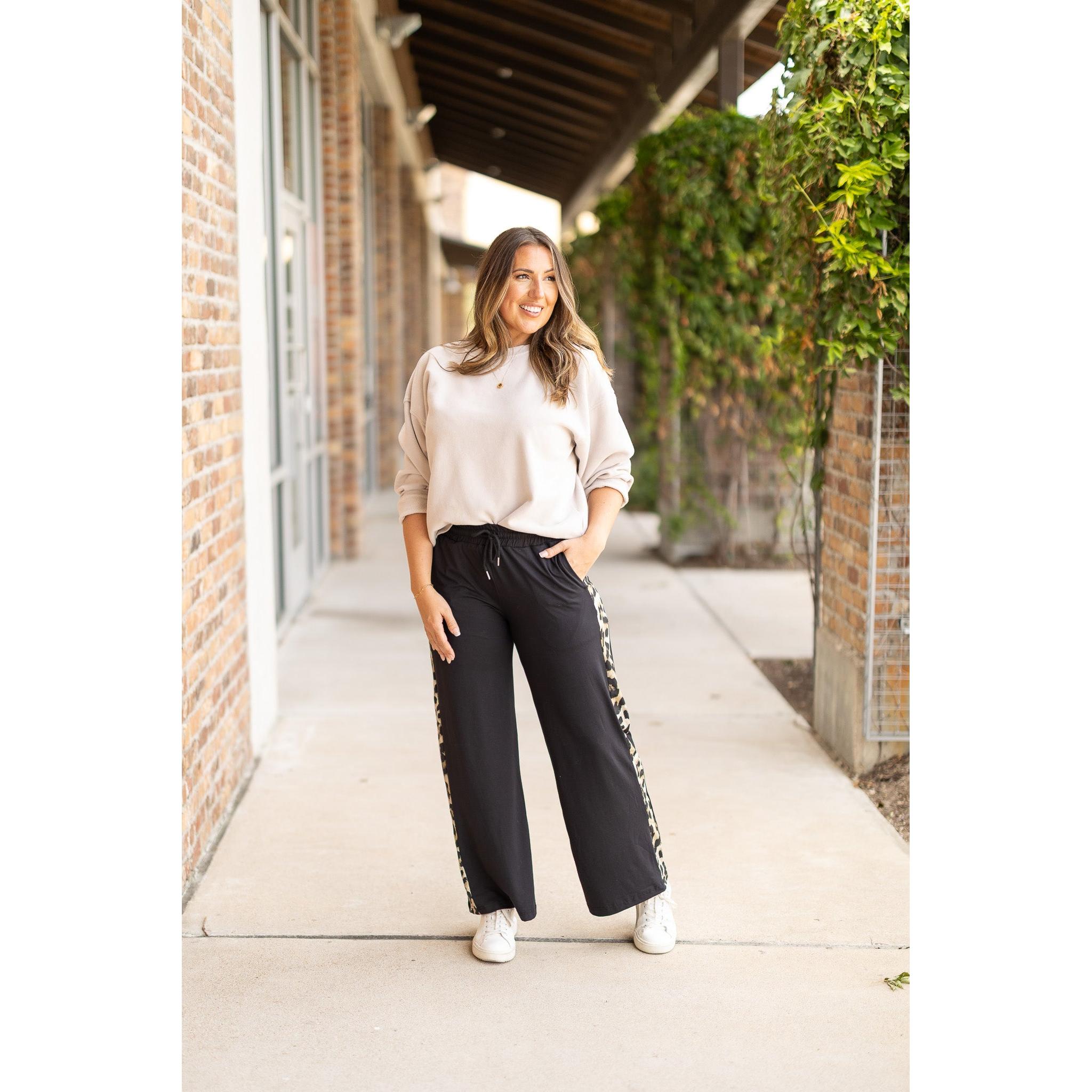 The Chelsea - Black Wide Leg with Leopard Panel Loungers