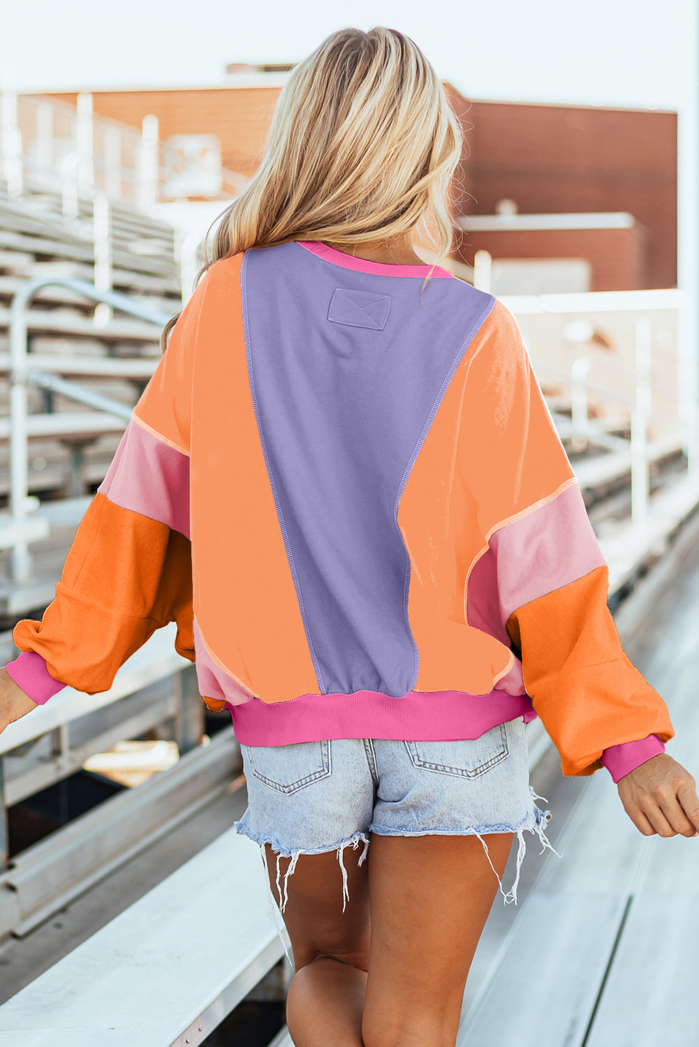 Colorblock Patchwork Exposed Stitching Oversized Top