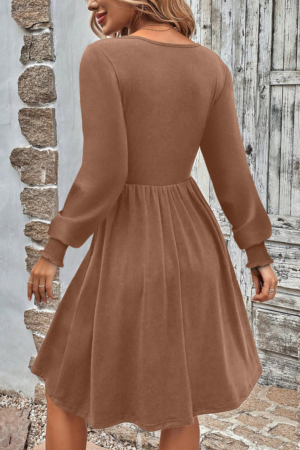 PRE-ORDER: Chestnut Shirred Cuff Mini Dress