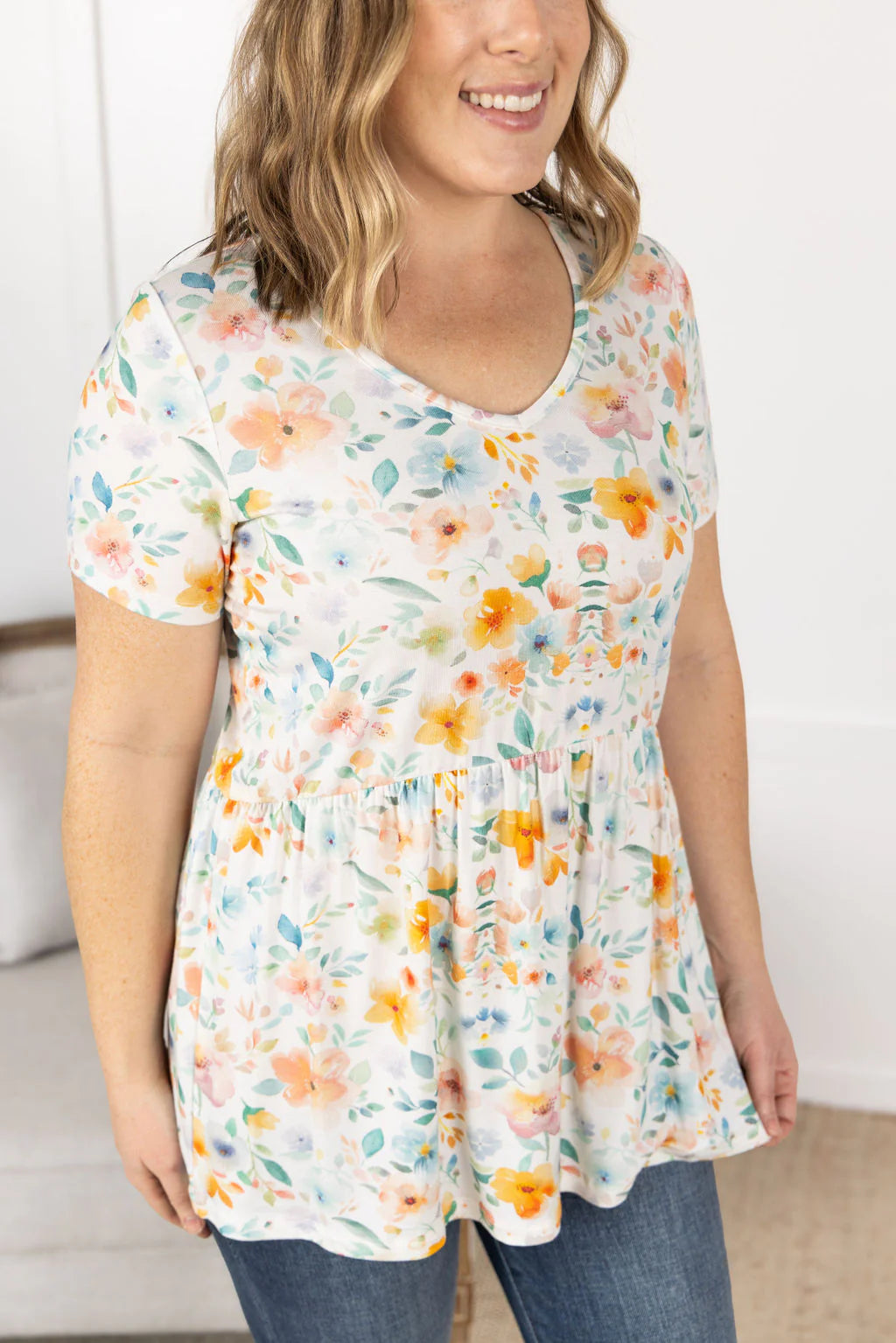 IN STOCK Sarah Ruffle Short Sleeve - watercolor Floral