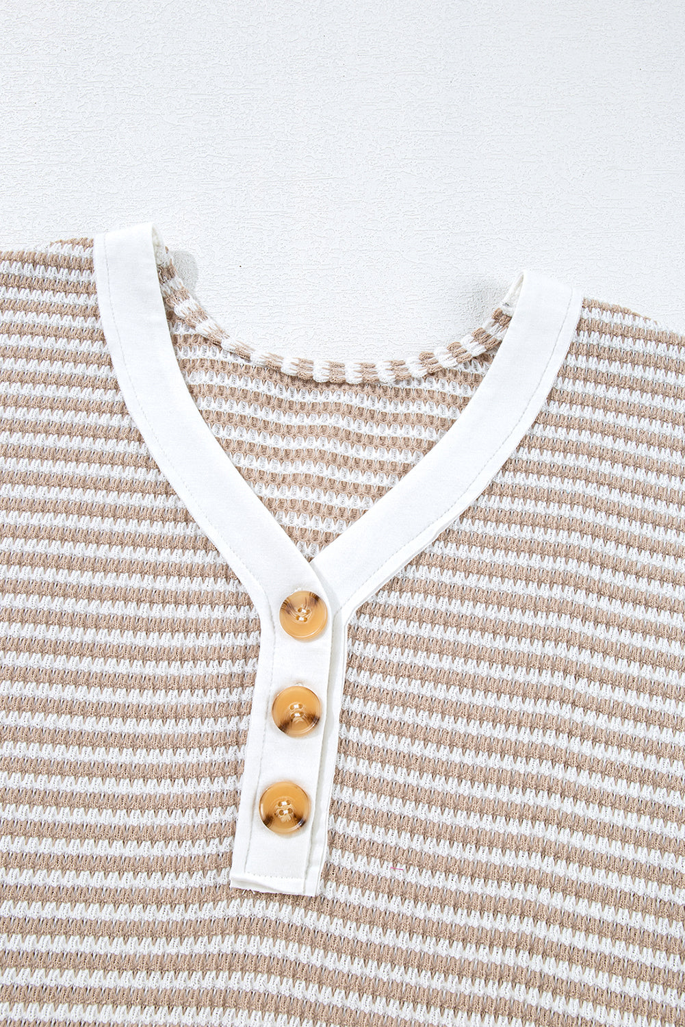 PRE-ORDER: Khaki Striped Button Front V Neck Knitted Top