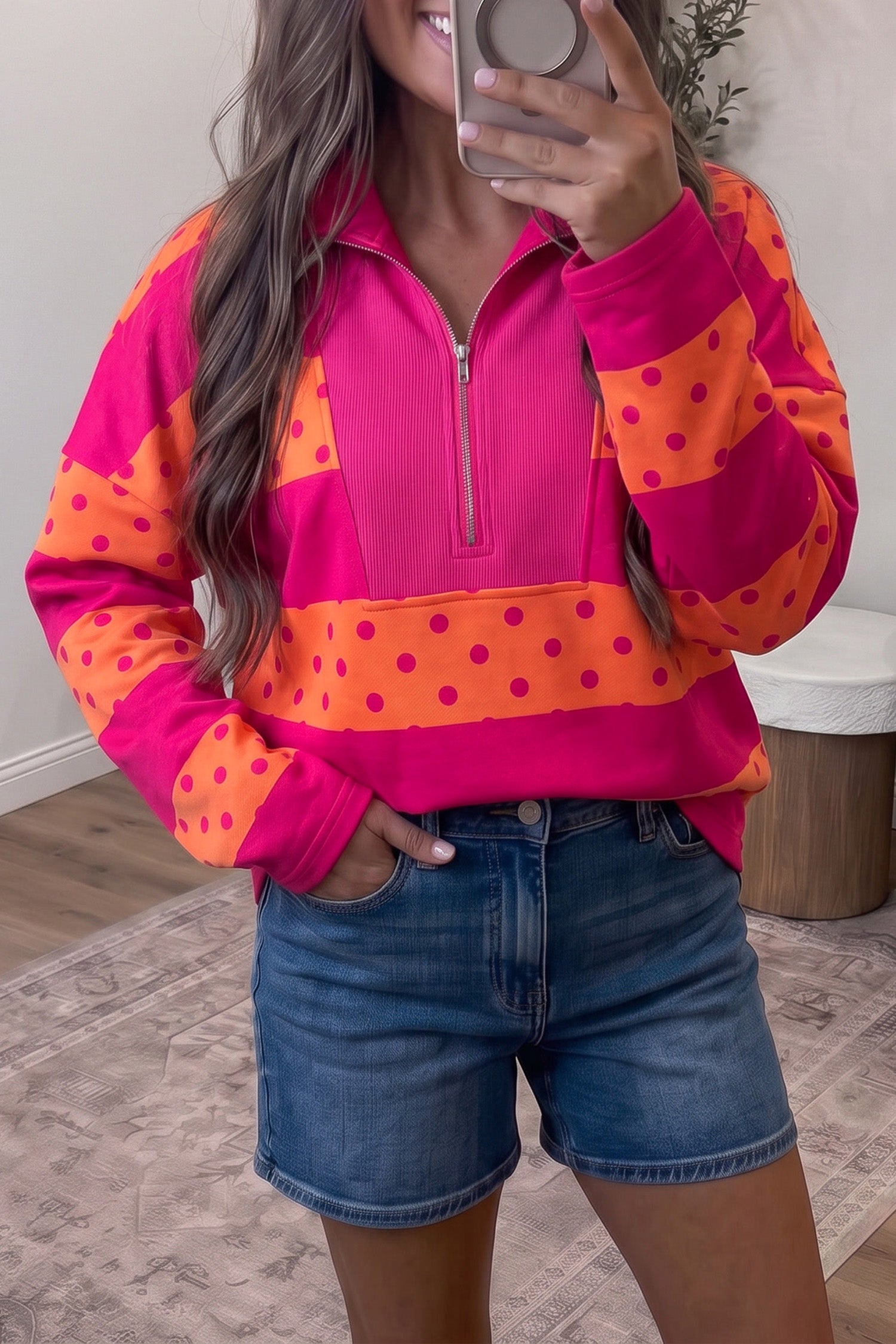 PRE-ORDER: Striped Polka Dot Quarter Zip Long Sleeve Top