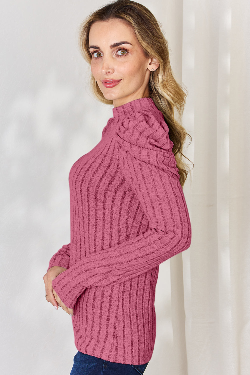 Ribbed Mock Neck Puff Sleeve Top