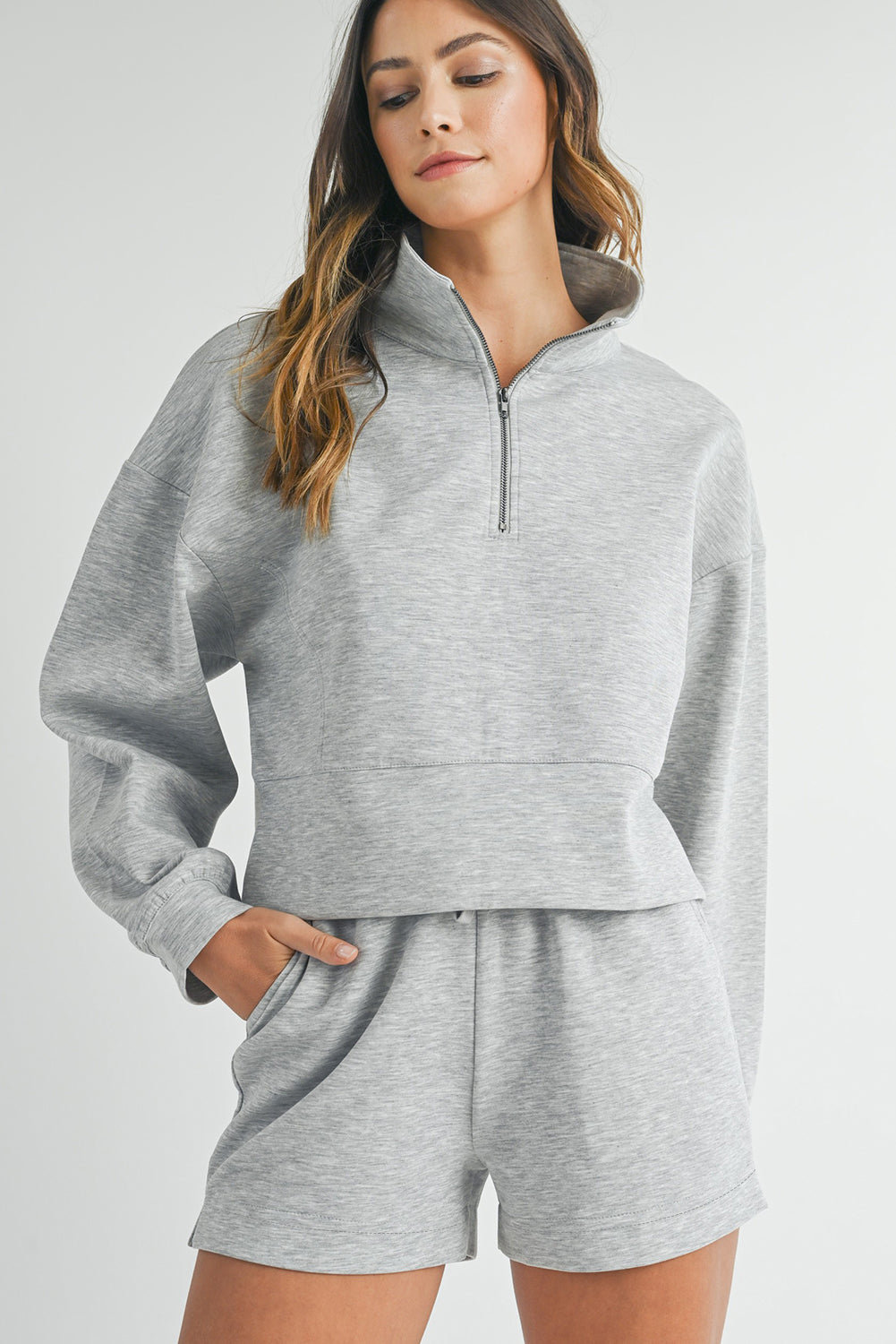 Light Grey Zipped Sweatshirt and Shorts Set
