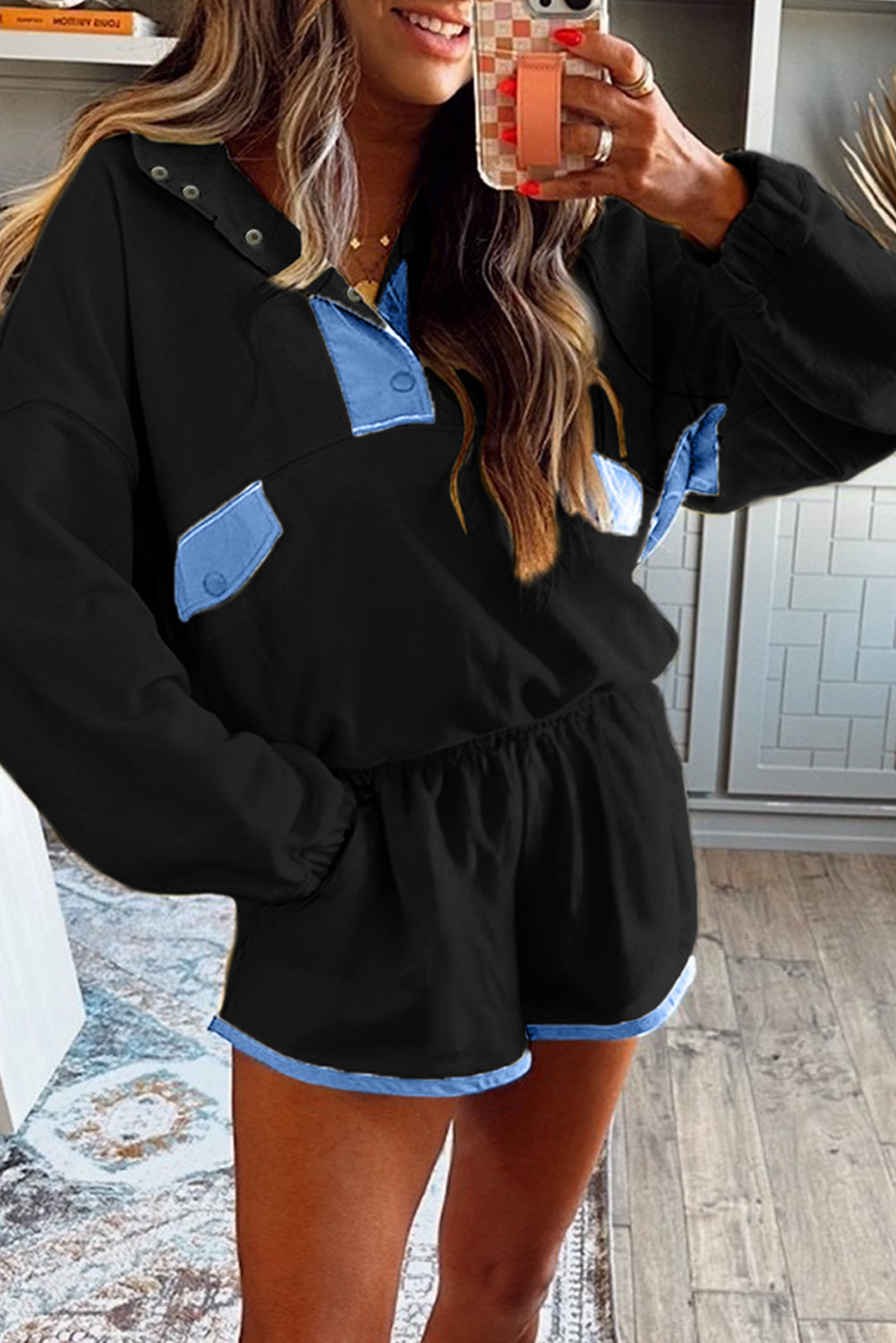 PRE-ORDER: Colorblock Patchwork Half Button Pullover and Shorts Outfit