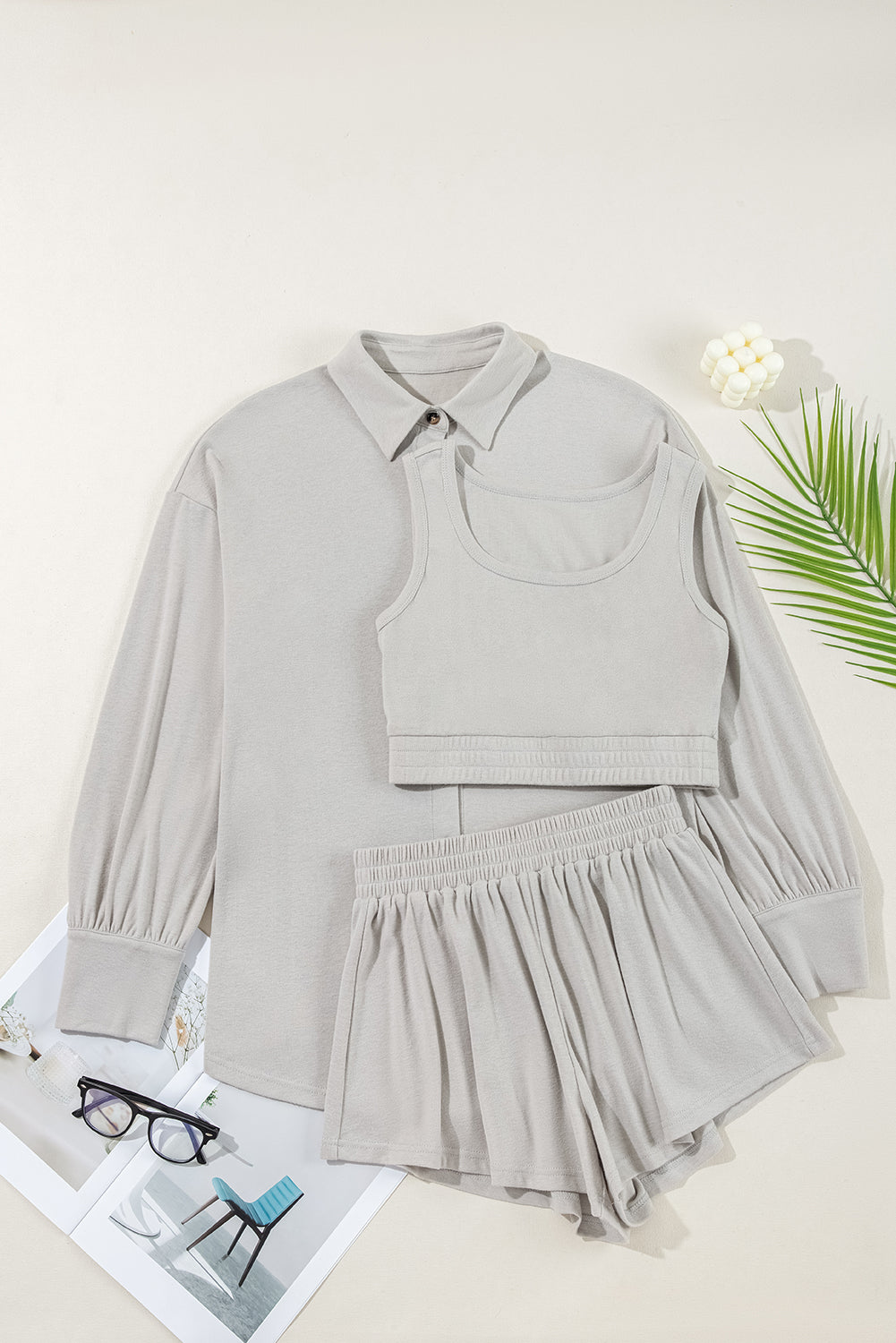 PRE-ORDER: Shirred Hem Crop Tank Top Loose Shorts Cardigan 3 Piece Pajama Set