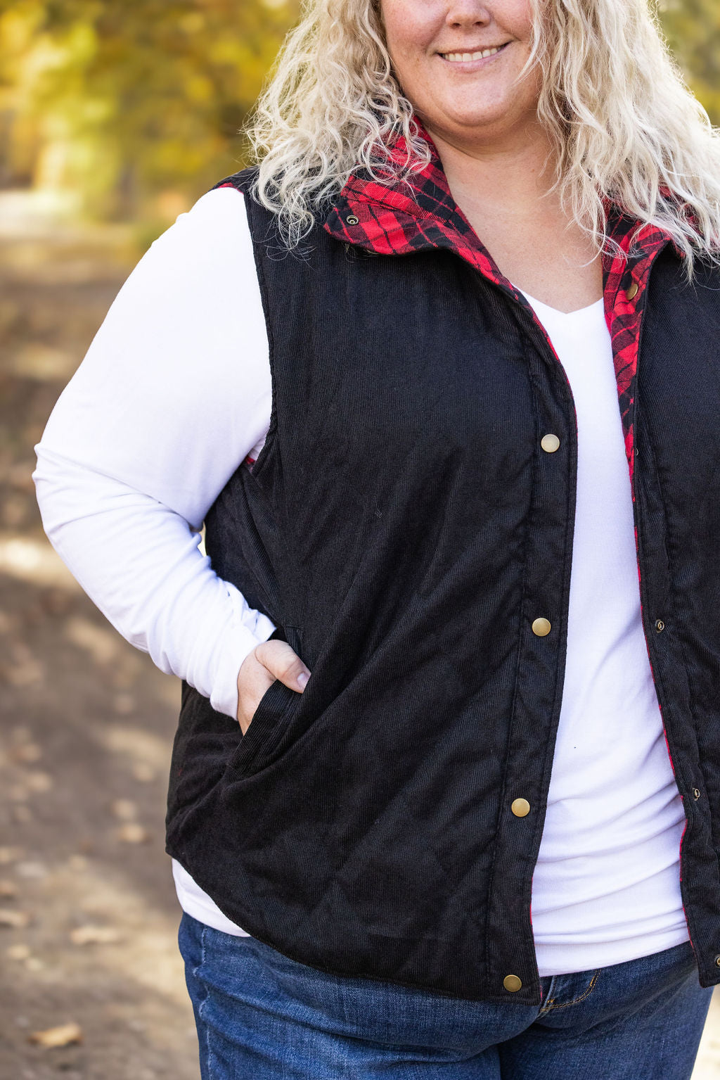 Reversible Vest - Corded Black and Plaid