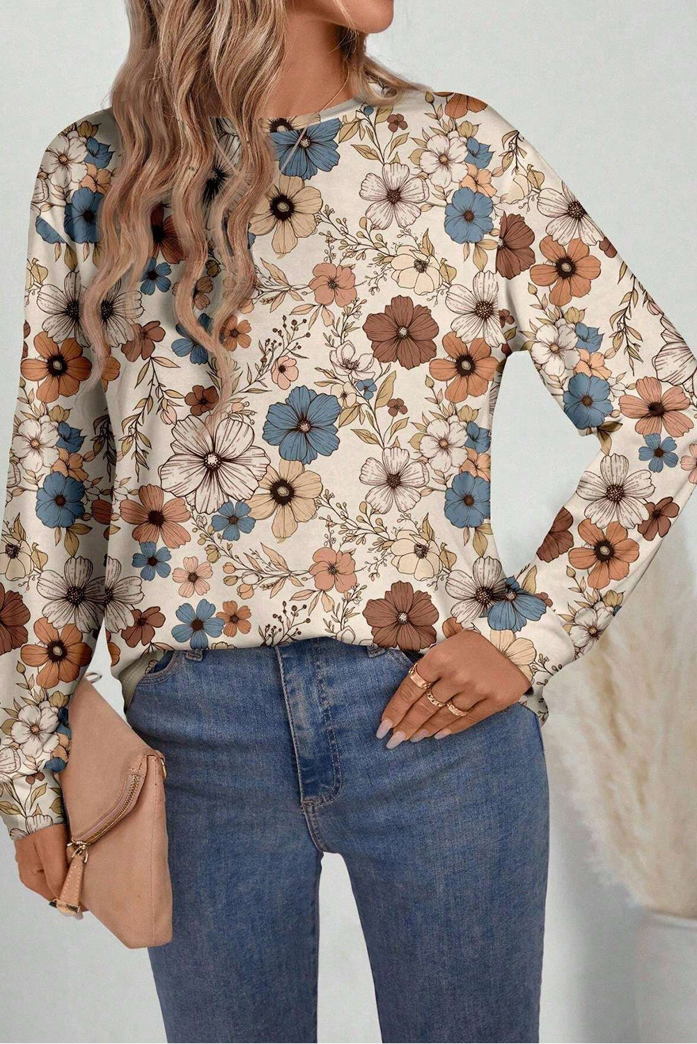 PRE-ORDER: Khaki Allover Floral Print Crew Neck Long Sleeve Top