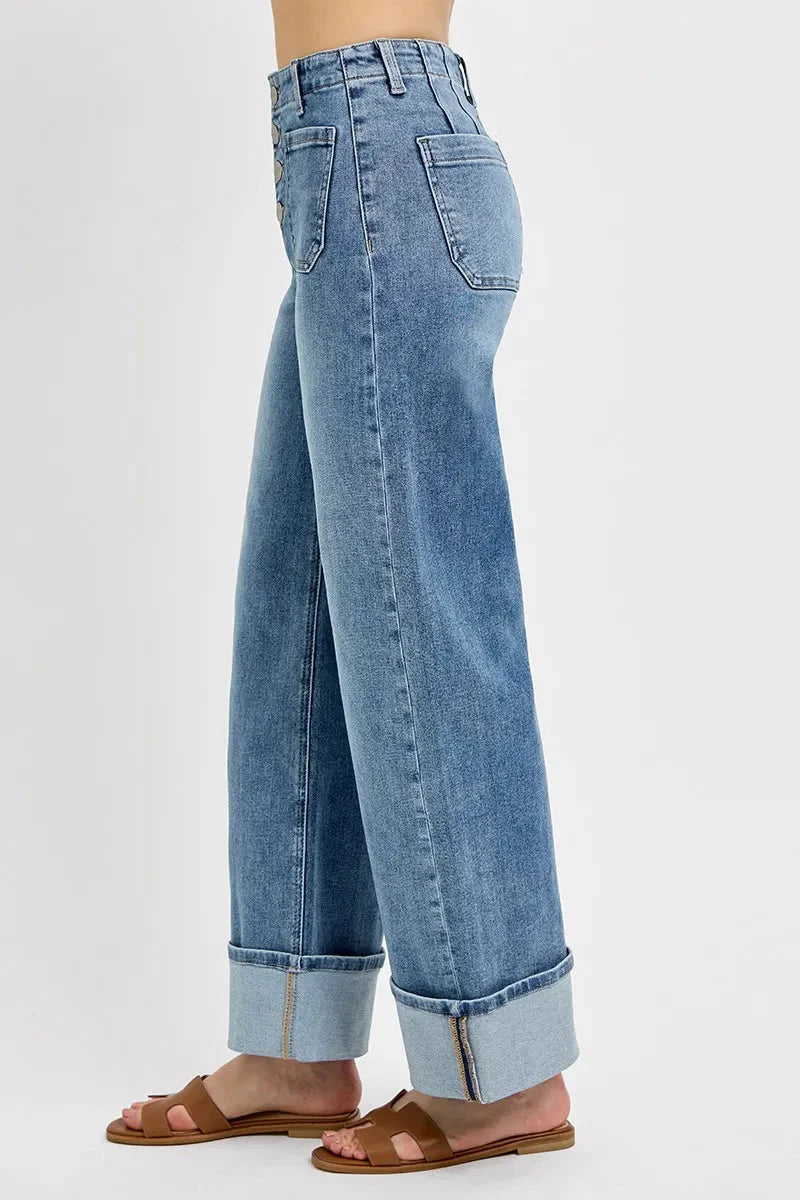 High Rise Ankle Wide Button Patch Pocket Cuffed Jeans