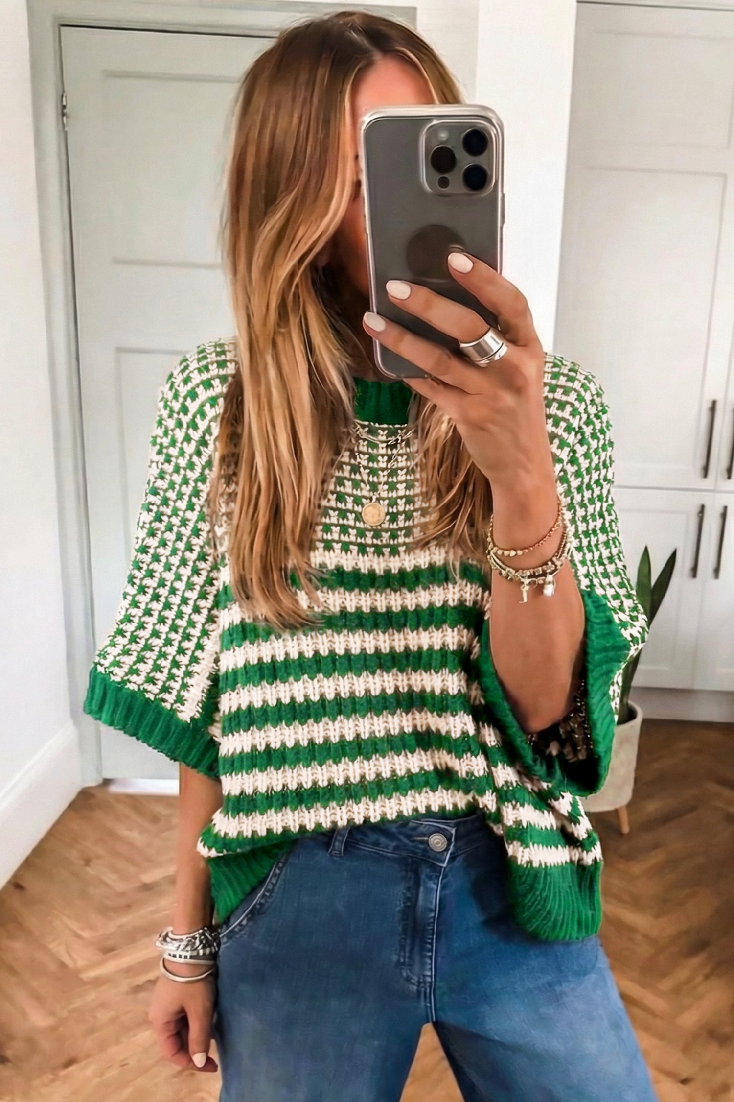 PRE-ORDER: Striped 3/4 Draped Sleeve Slouchy Sweater