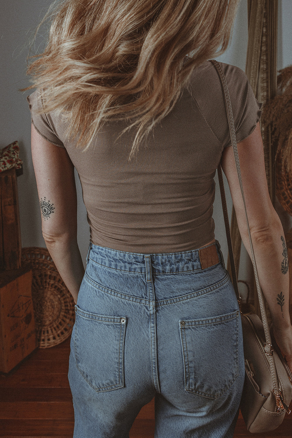 Dark Brown Lace Criss Cross Slim Fit V Neck Tee