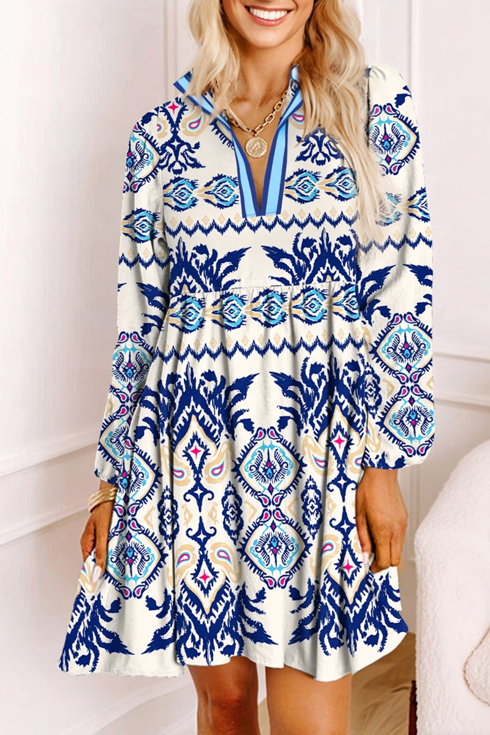 Boho Print Split Neck Long Sleeve Flowy Mini Dress