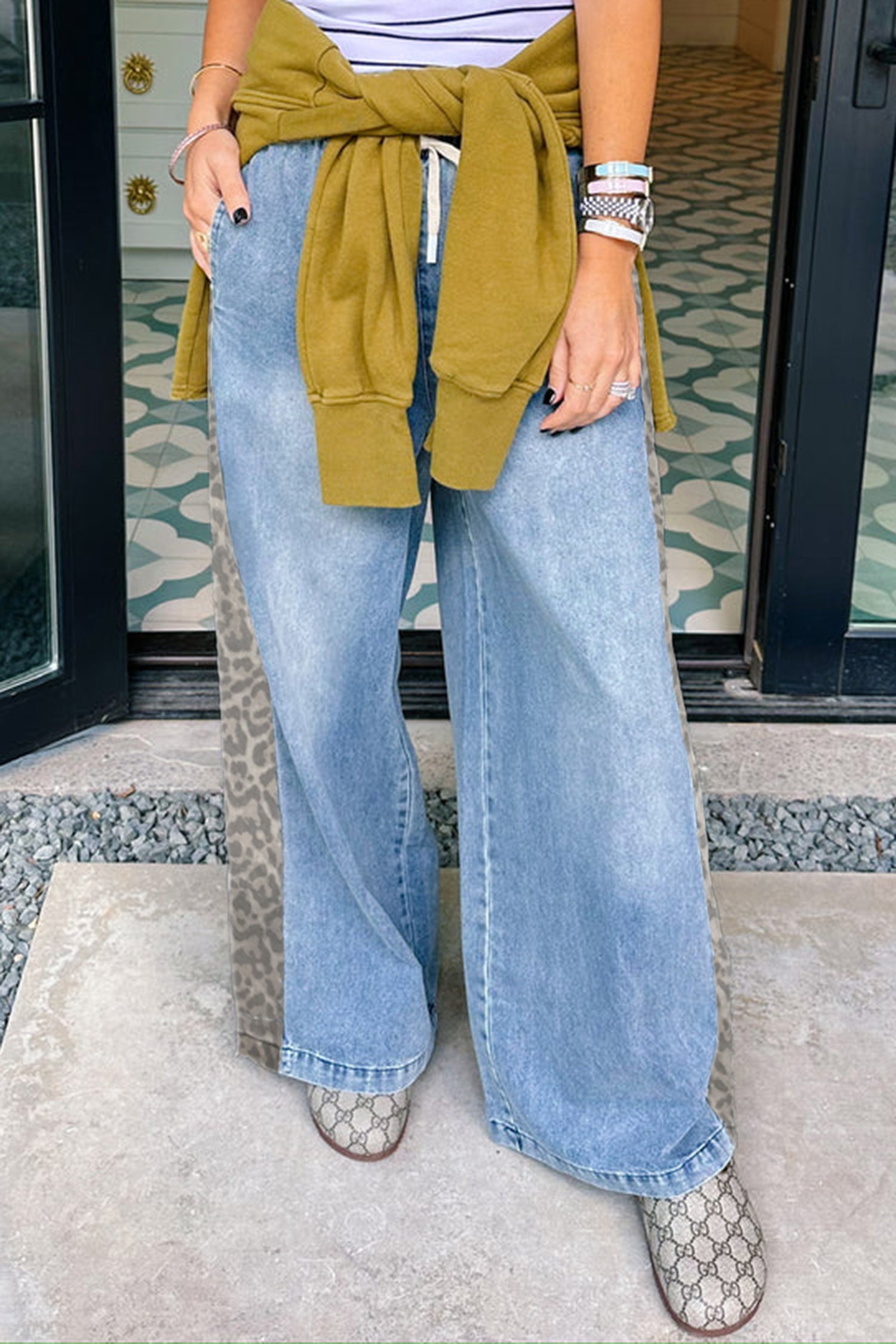 PRE-ORDER: Beau Blue Drawstring Elastic Waist Leopard Striped Side Panel Wide Leg Jeans