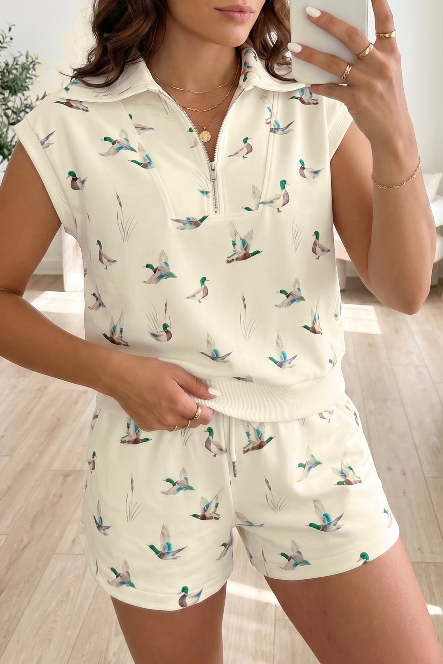 PRE-ORDER: Mallard Printed Zip Polo Tee Drawstring Short Set