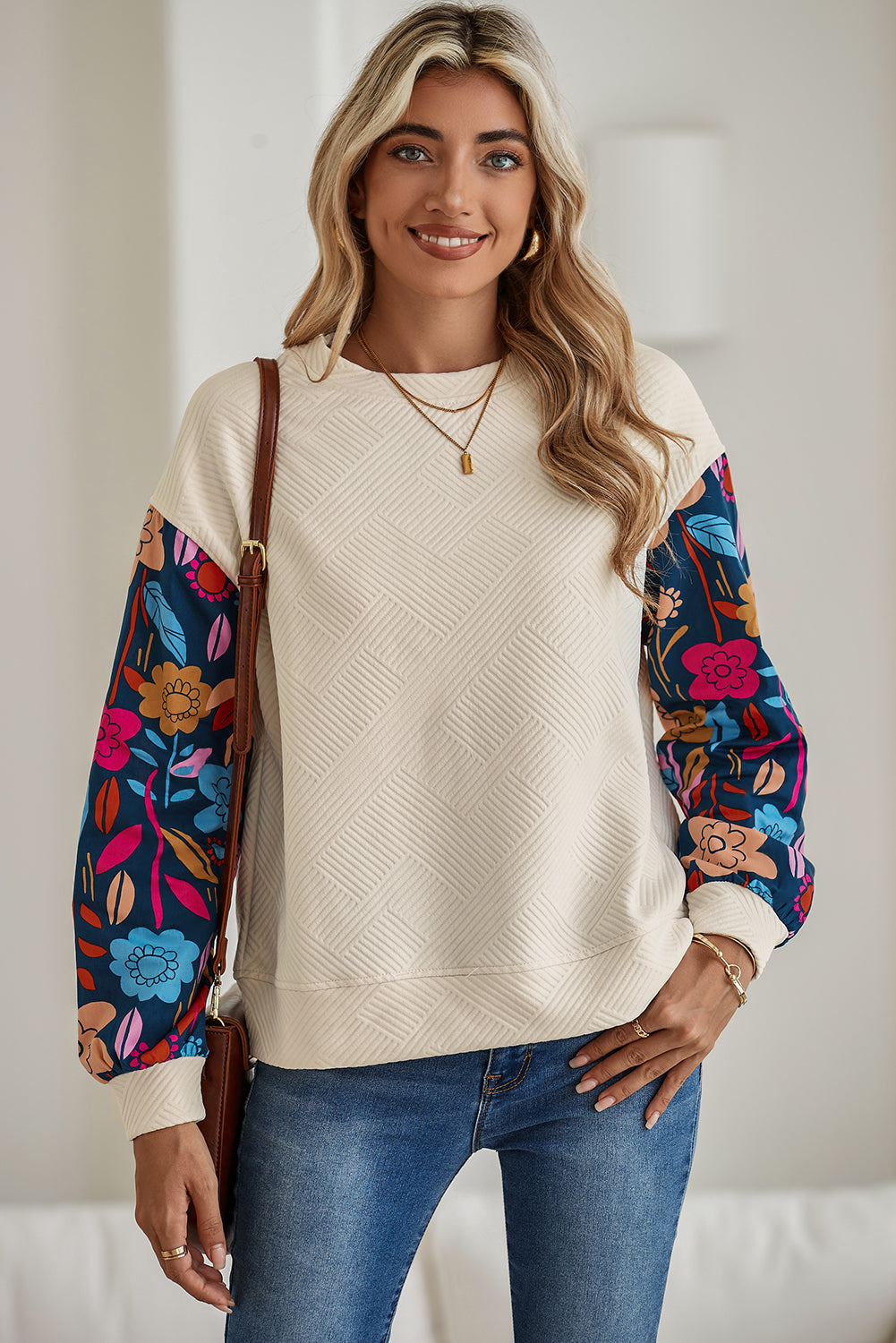PRE-ORDER: Vintage Flower Patchwork Sleeve Textured Top