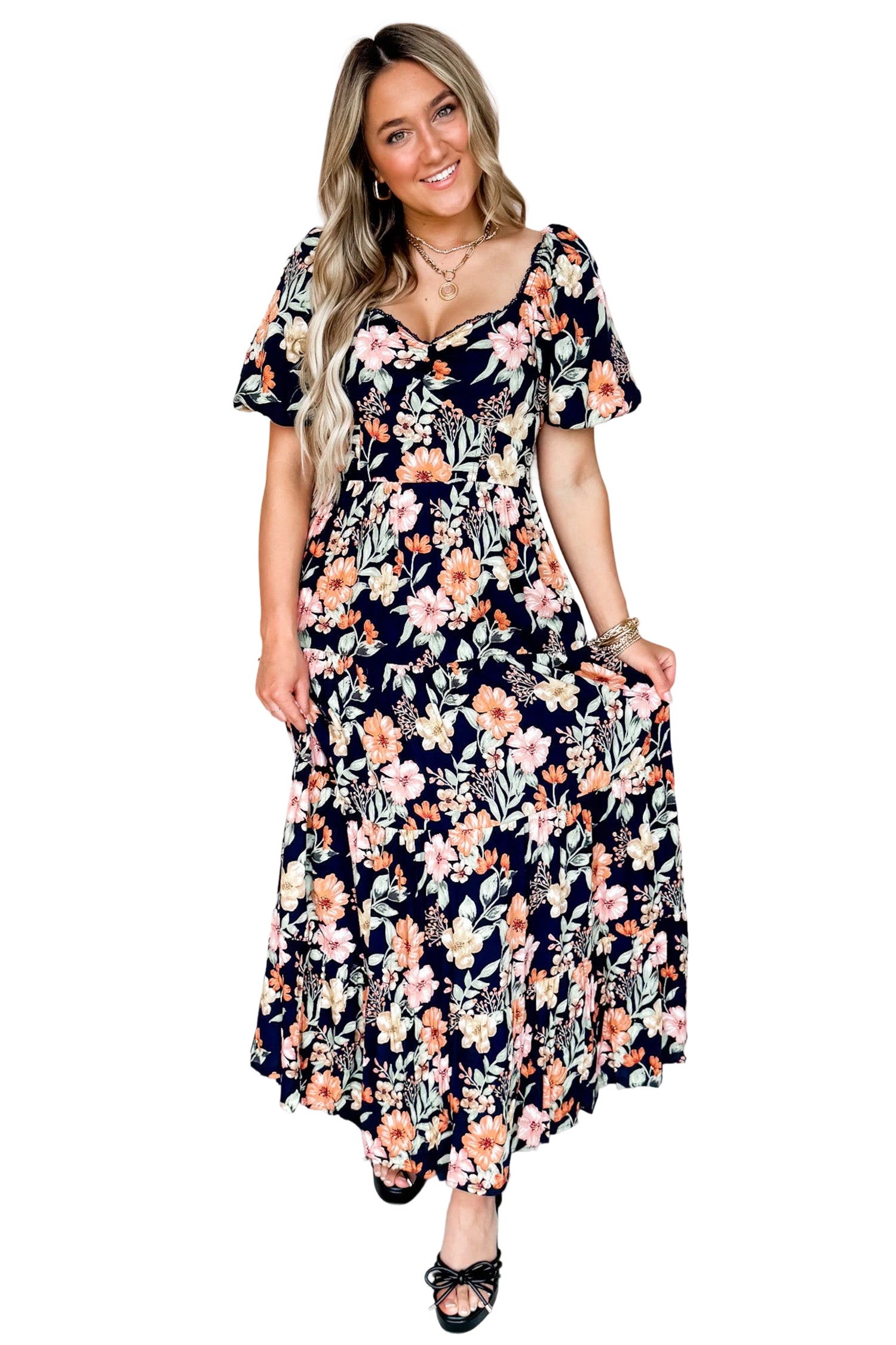 PRE-ORDER: Blue Short Sleeve Smocked Detail High Waist Floral Maxi Dress