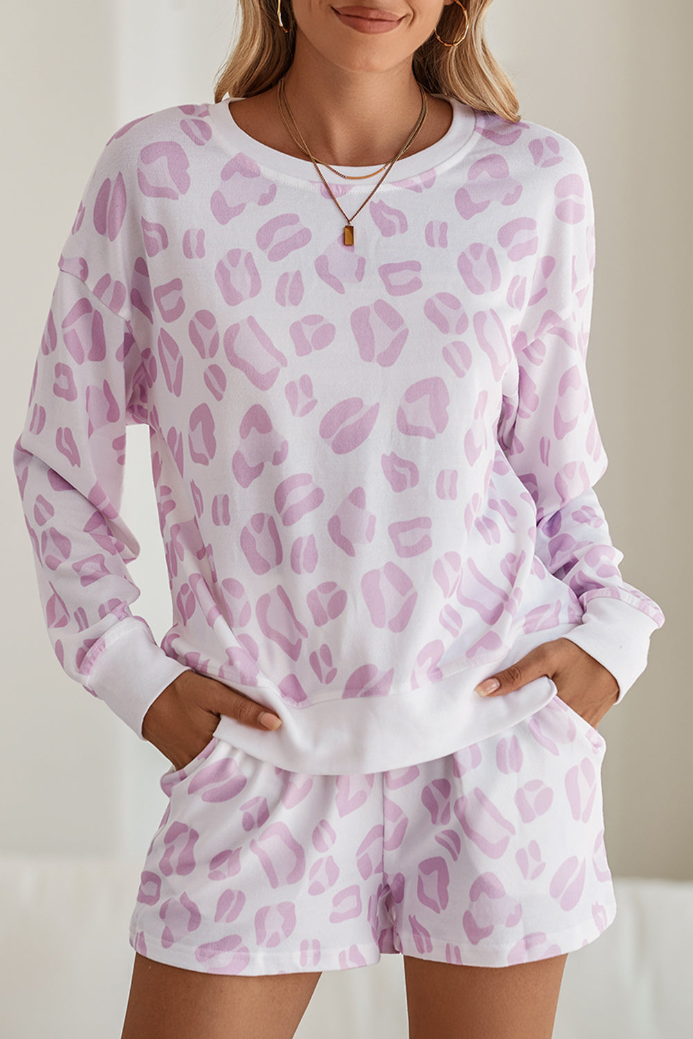 PRE-ORDER: Pink Leopard Print Pullover and Shorts Pajama Set