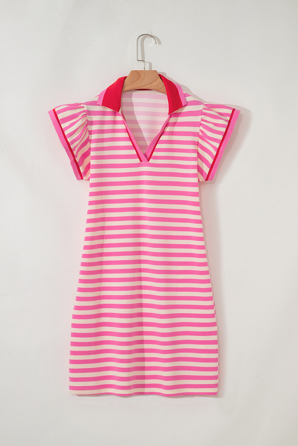 PRE-ORDER: Striped Ruffle Short Sleeve Pop of Color Neckline Dress