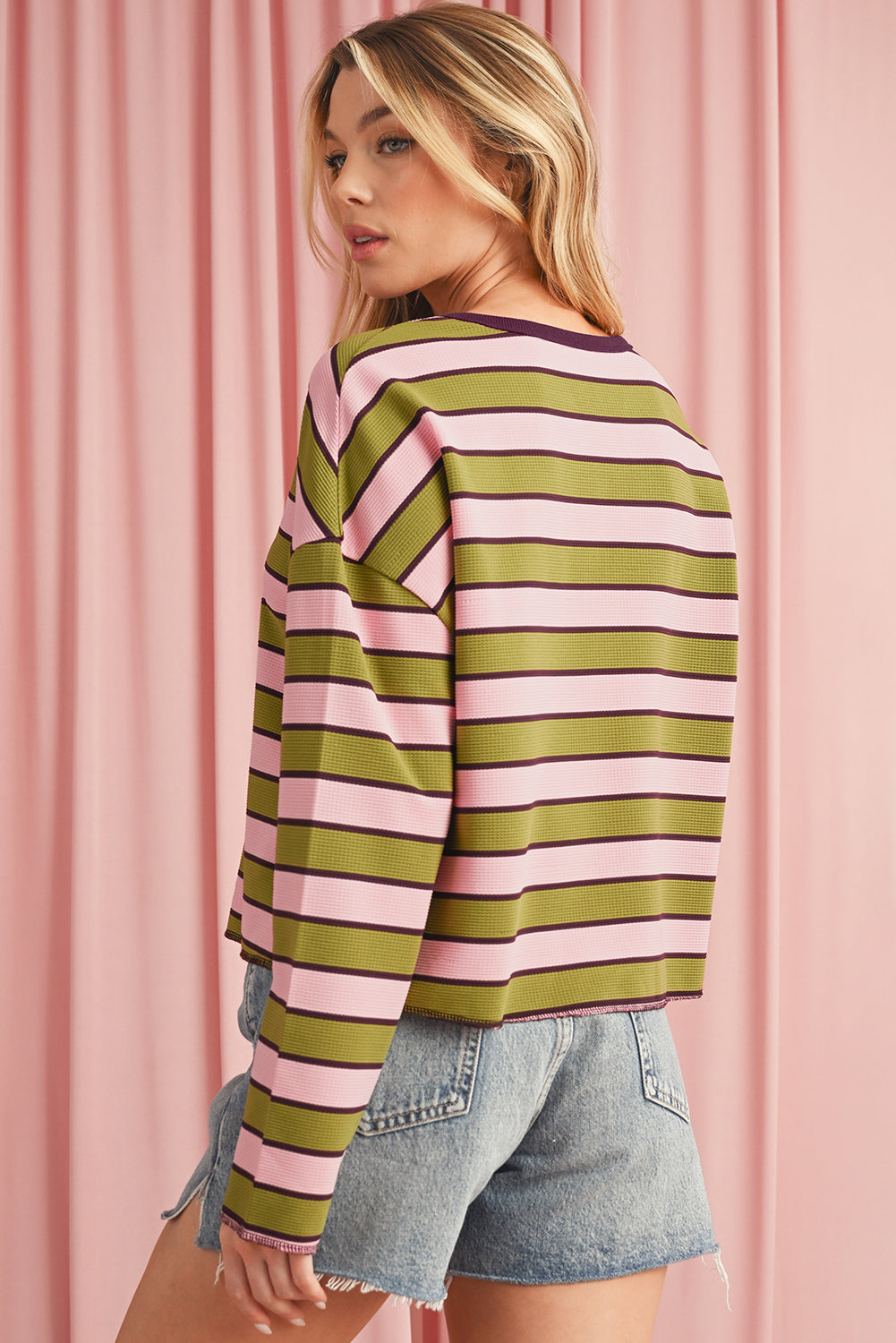 PRE-ORDER: Spinach Green Striped V-Neck Rib-knit Pullover Top