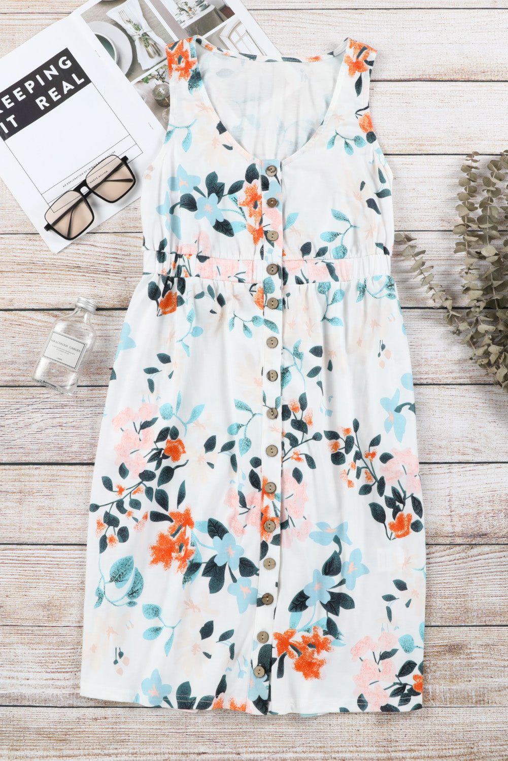 PRE-ORDER: Floral Printed Sleeveless Button Up High Waist Mini Dress