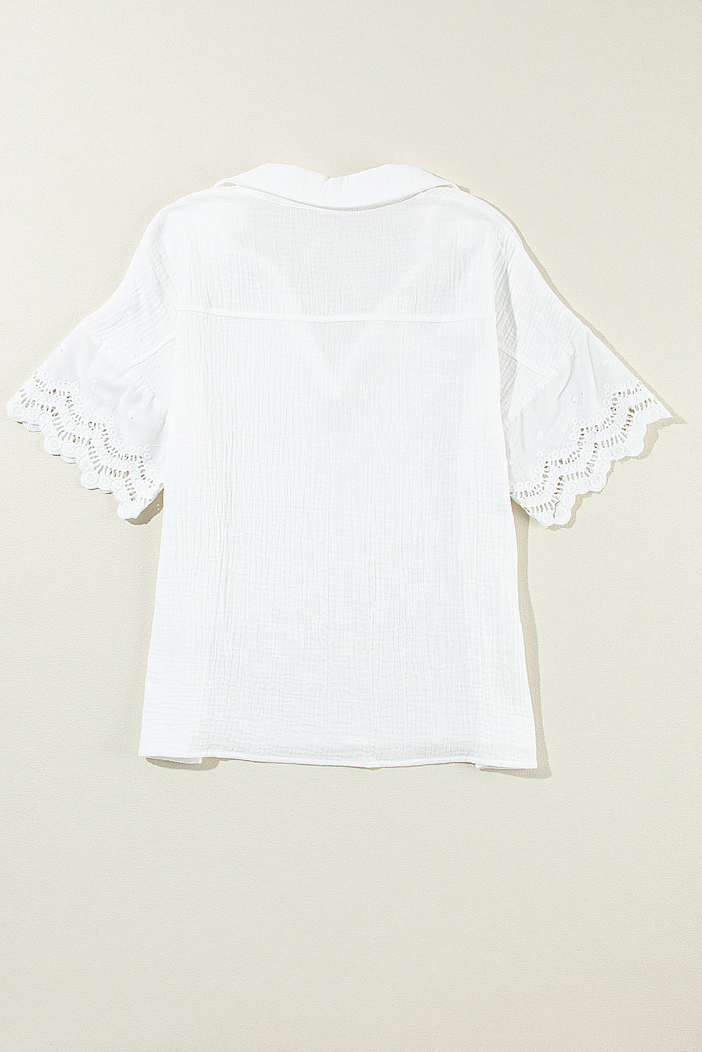 PRE-ORDER: Crinkled Lace Sleeve Collared V Neck Blouse