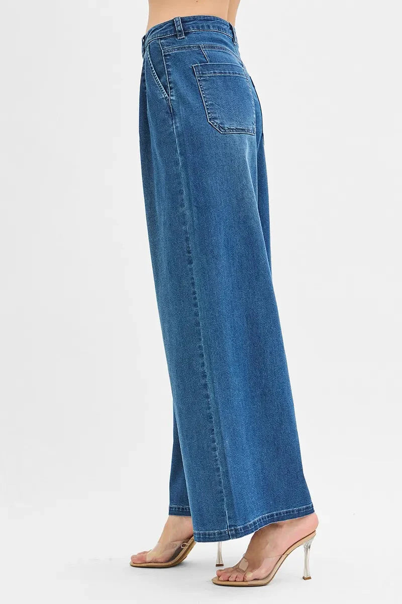Mid Rise Wide Leg Knit Denim Palazzo Jeans