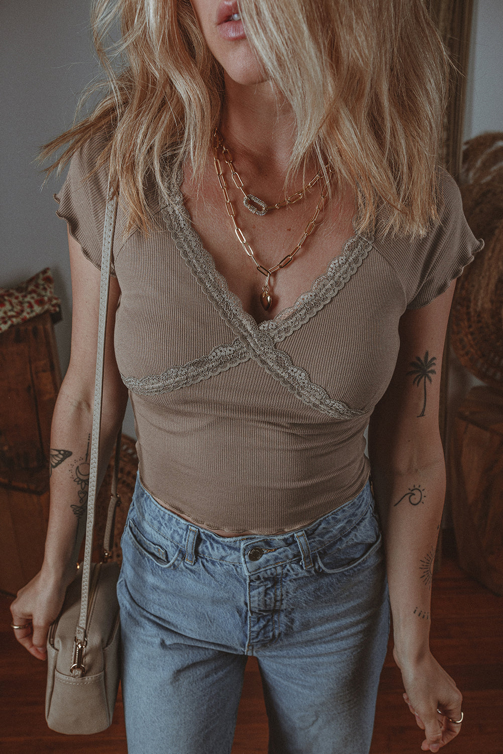 Dark Brown Lace Criss Cross Slim Fit V Neck Tee