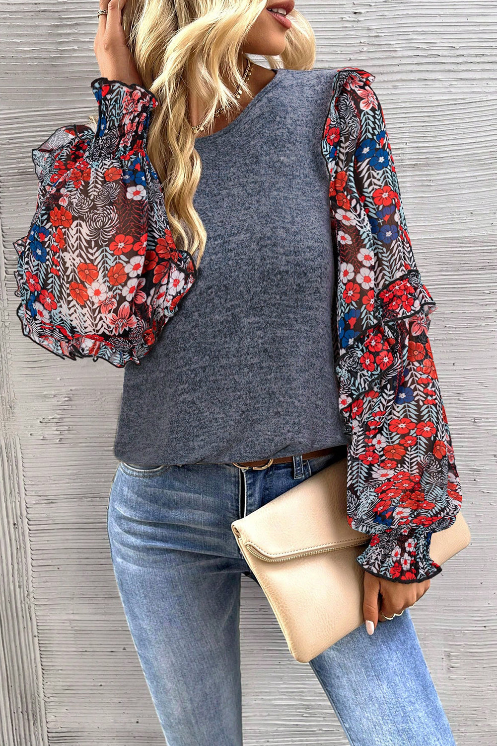 Floral Ruffle Sleeve Patchwork Top