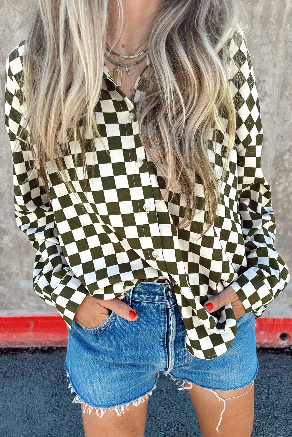Green Checkered Drop Shoulder Casual Shirt
