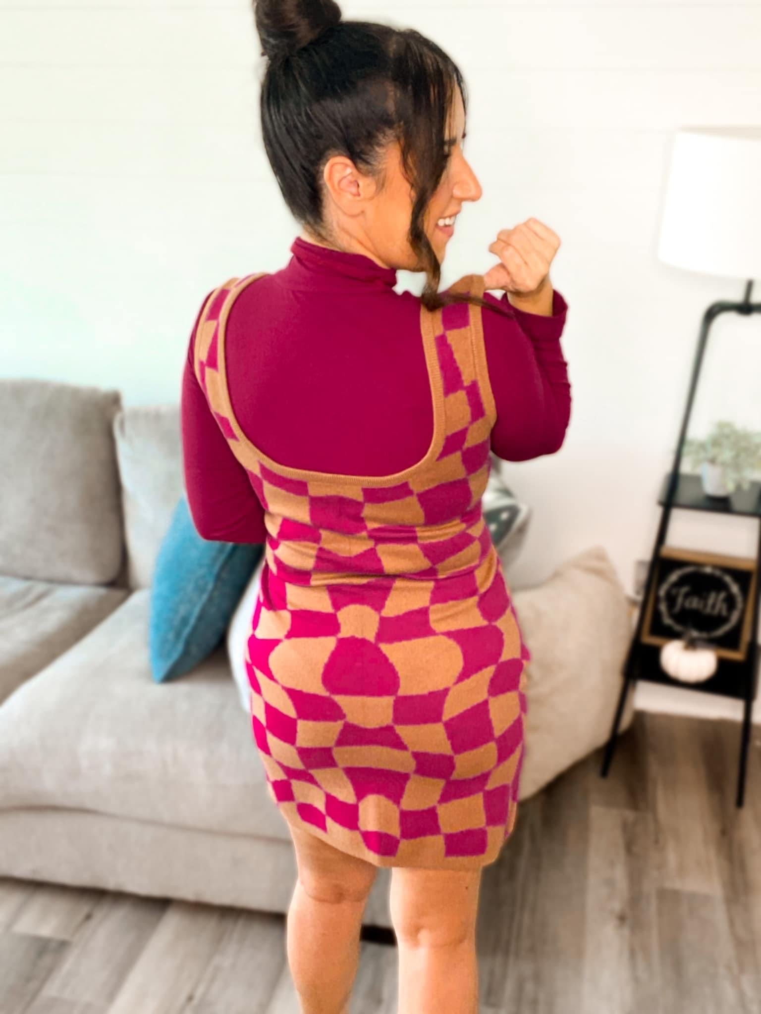PRE-ORDER Greta Groovy Checkered Sweater Dress