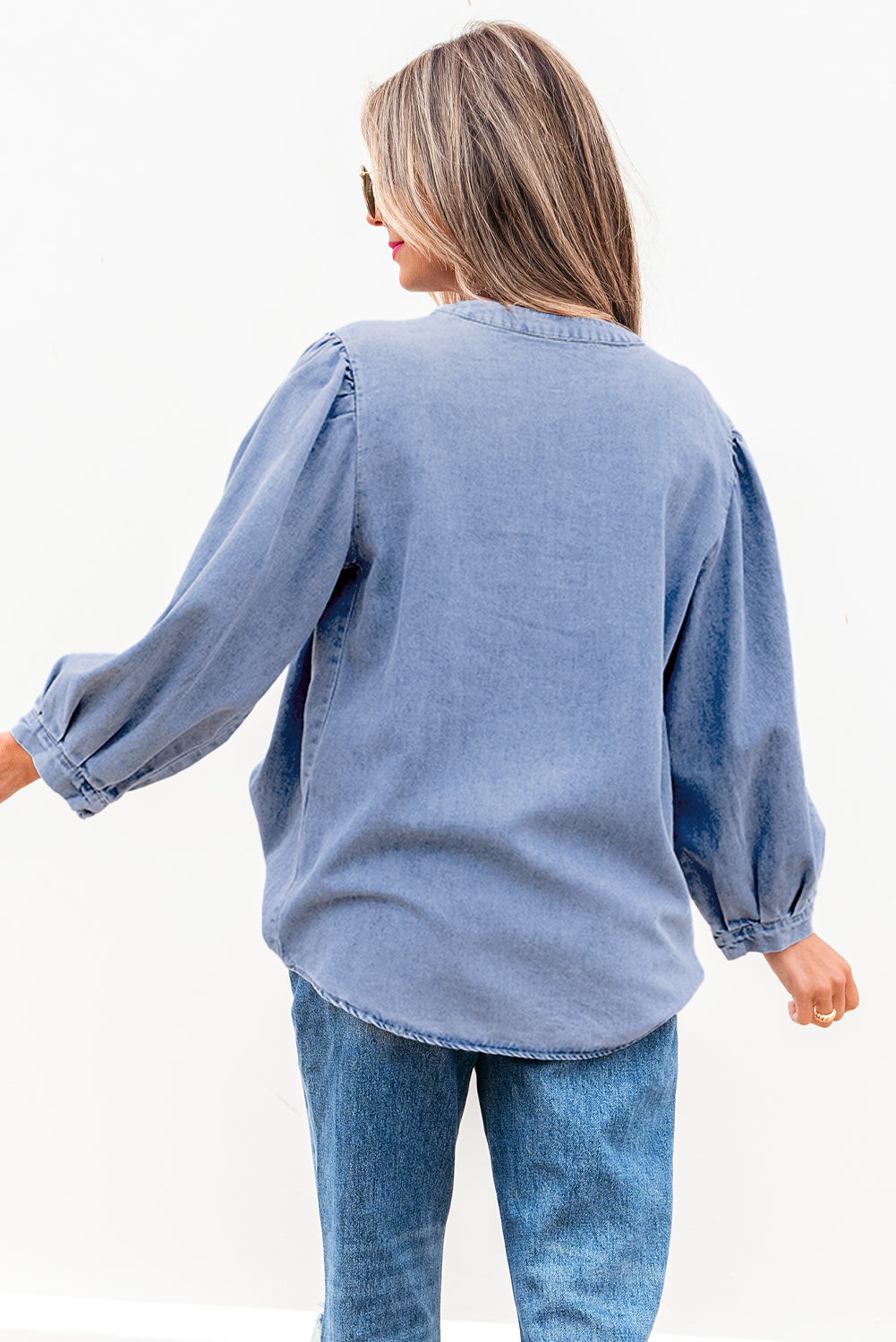 Denim Blue Front Pintuck Bow Tie Puff Sleeve Blouse
