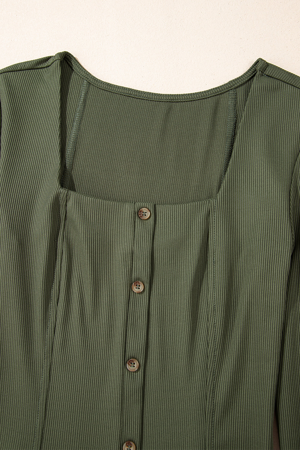 Green Ribbed Knit Square Neck Buttoned Long Sleeve Mini Dress