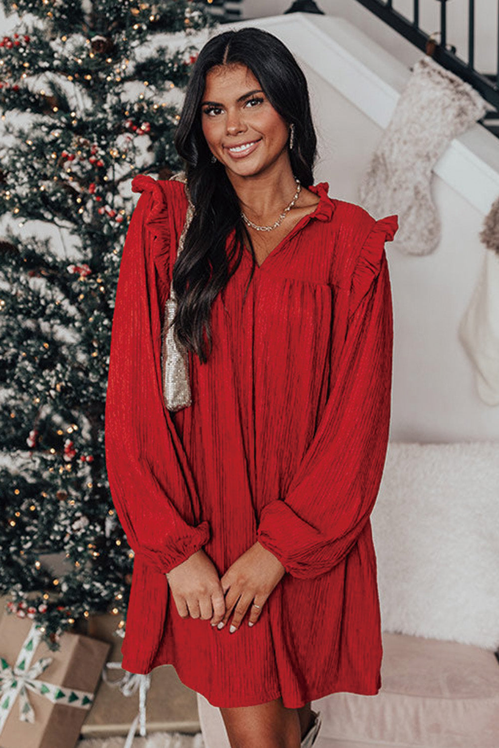 Fiery Red Textured Ruffled Trim Loose Fit Mini Dress