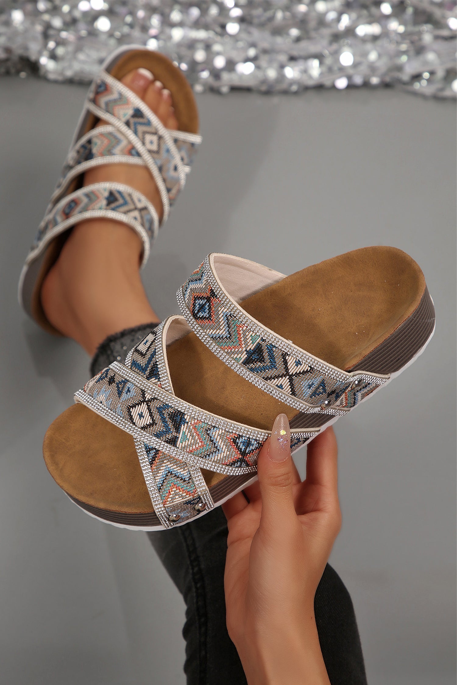 PRE-ORDER: Tribal Geometric Rhinestone Embellished Platform Sandals