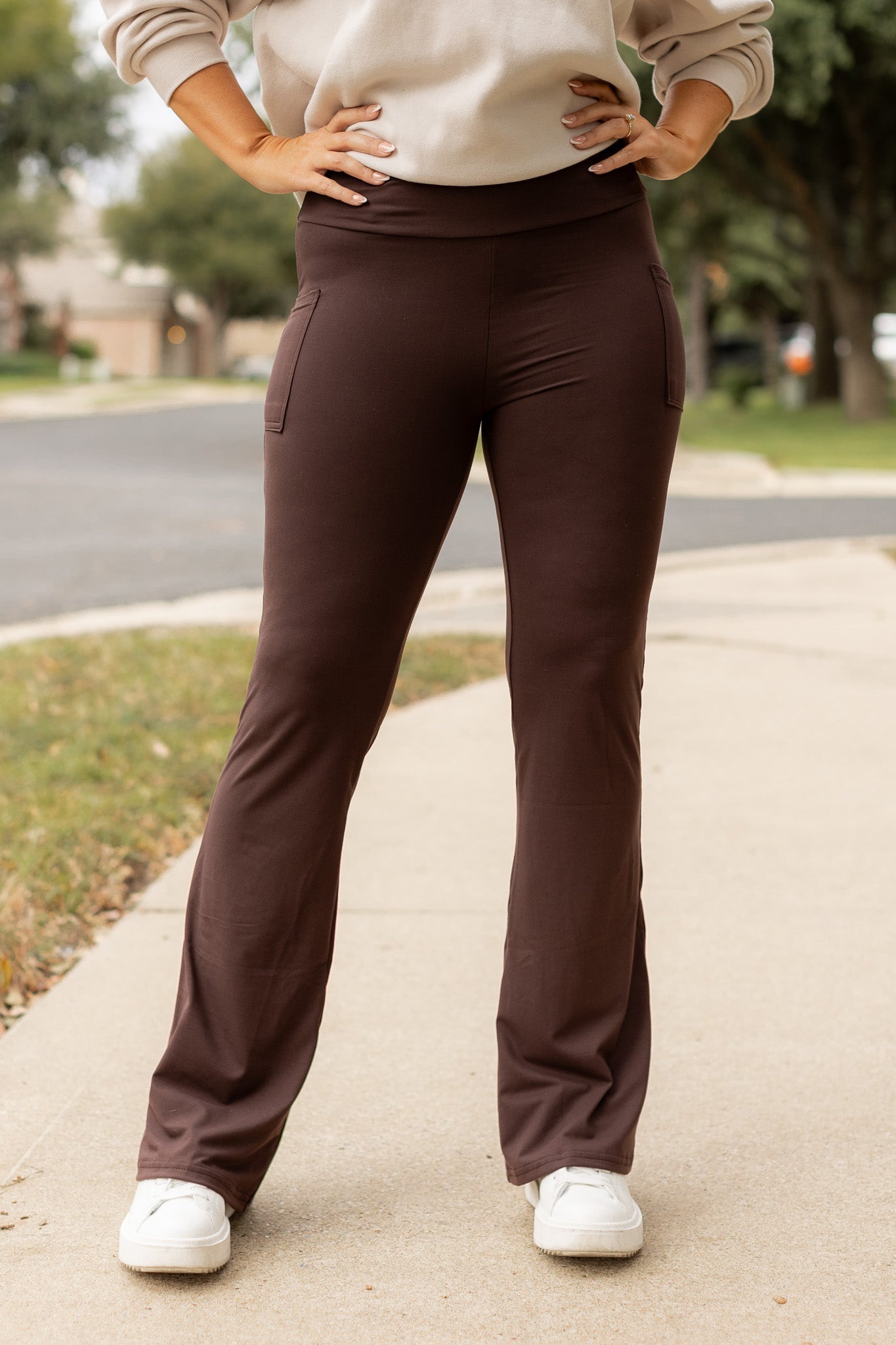 The Rhea - 30"  BROWN Bootcut Leggings with Pockets