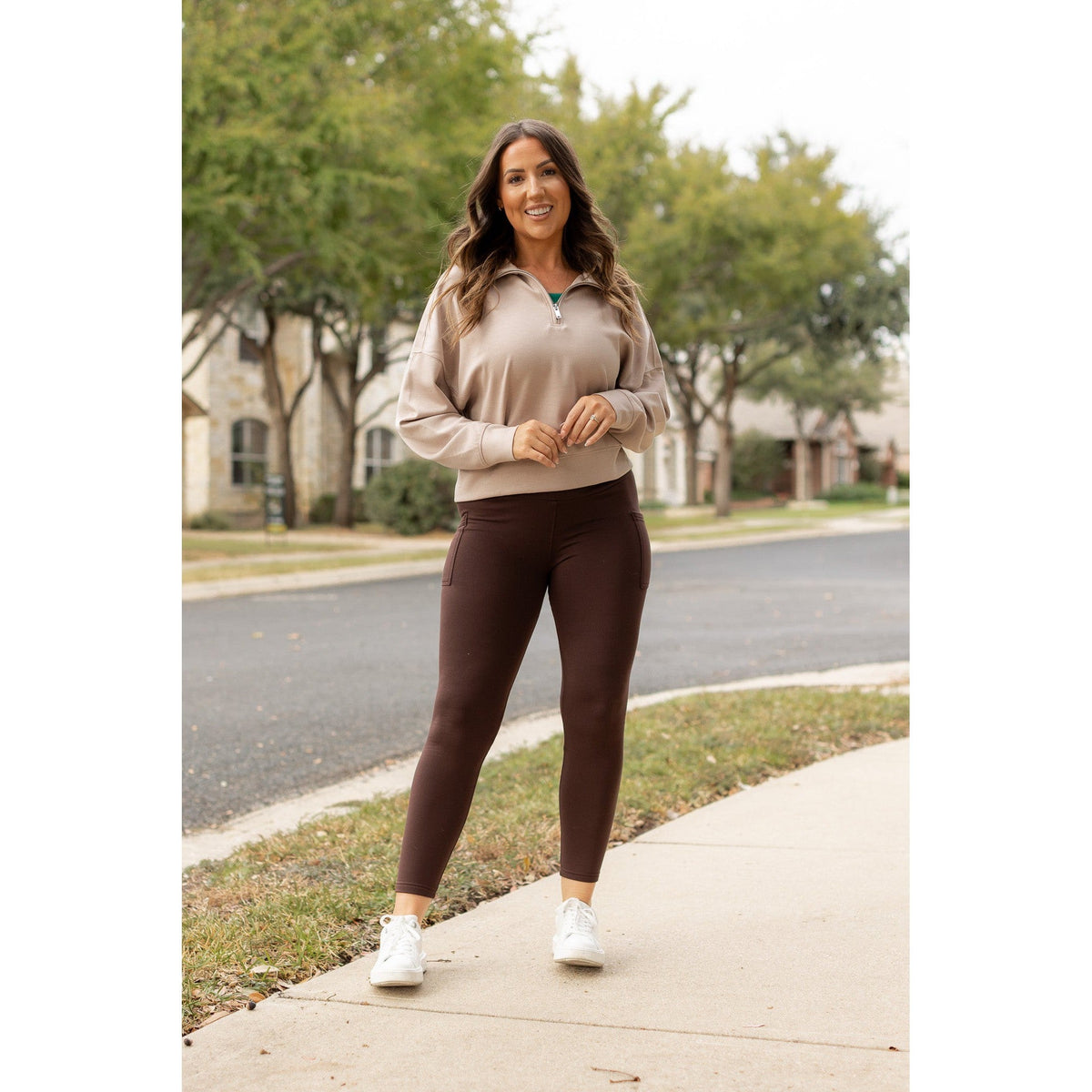The Belle - Brown FLEECE Full Length Leggings with Pockets