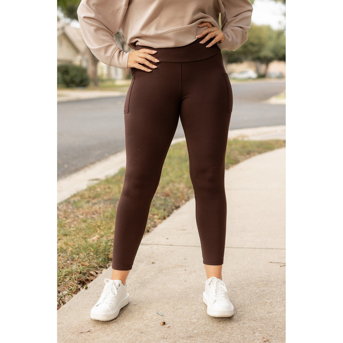 The Belle - Brown FLEECE Full Length Leggings with Pockets