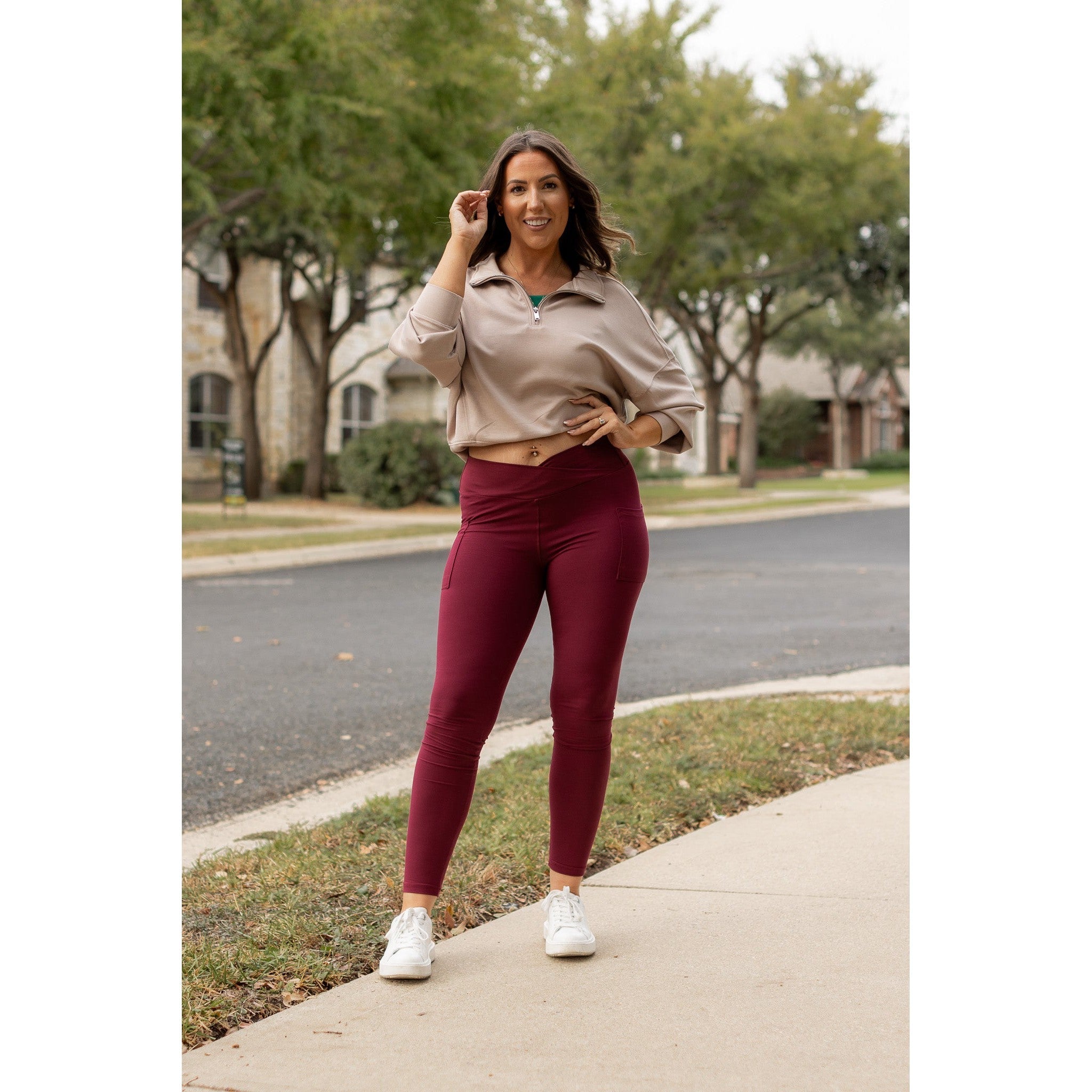 The Molly - MAROON Crossover Full Length Leggings with Pockets