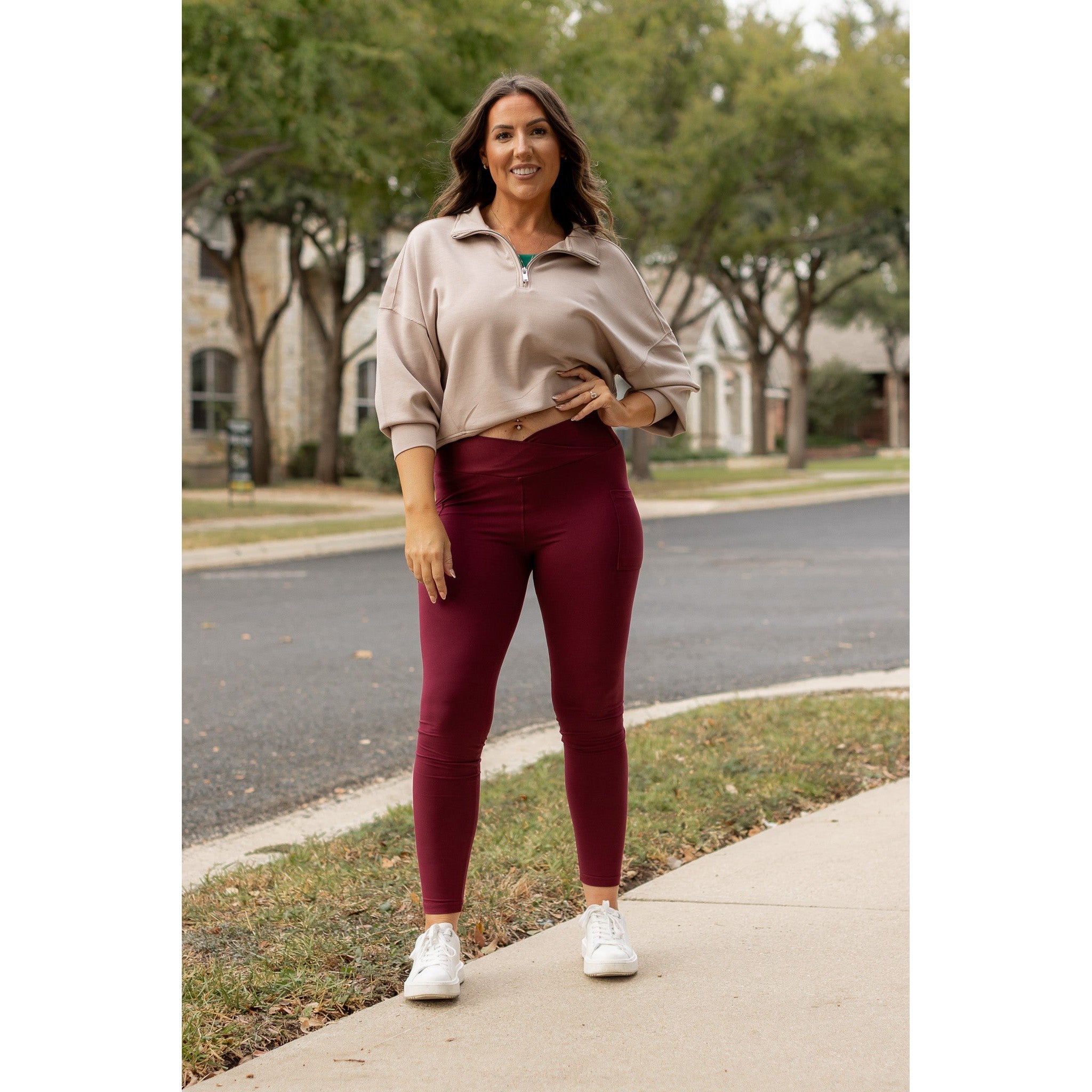 The Molly - MAROON Crossover Full Length Leggings with Pockets