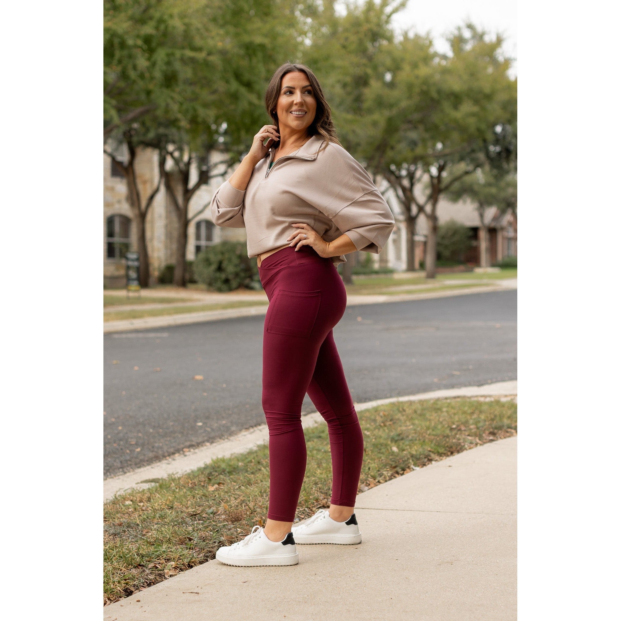 The Molly - MAROON Crossover Full Length Leggings with Pockets