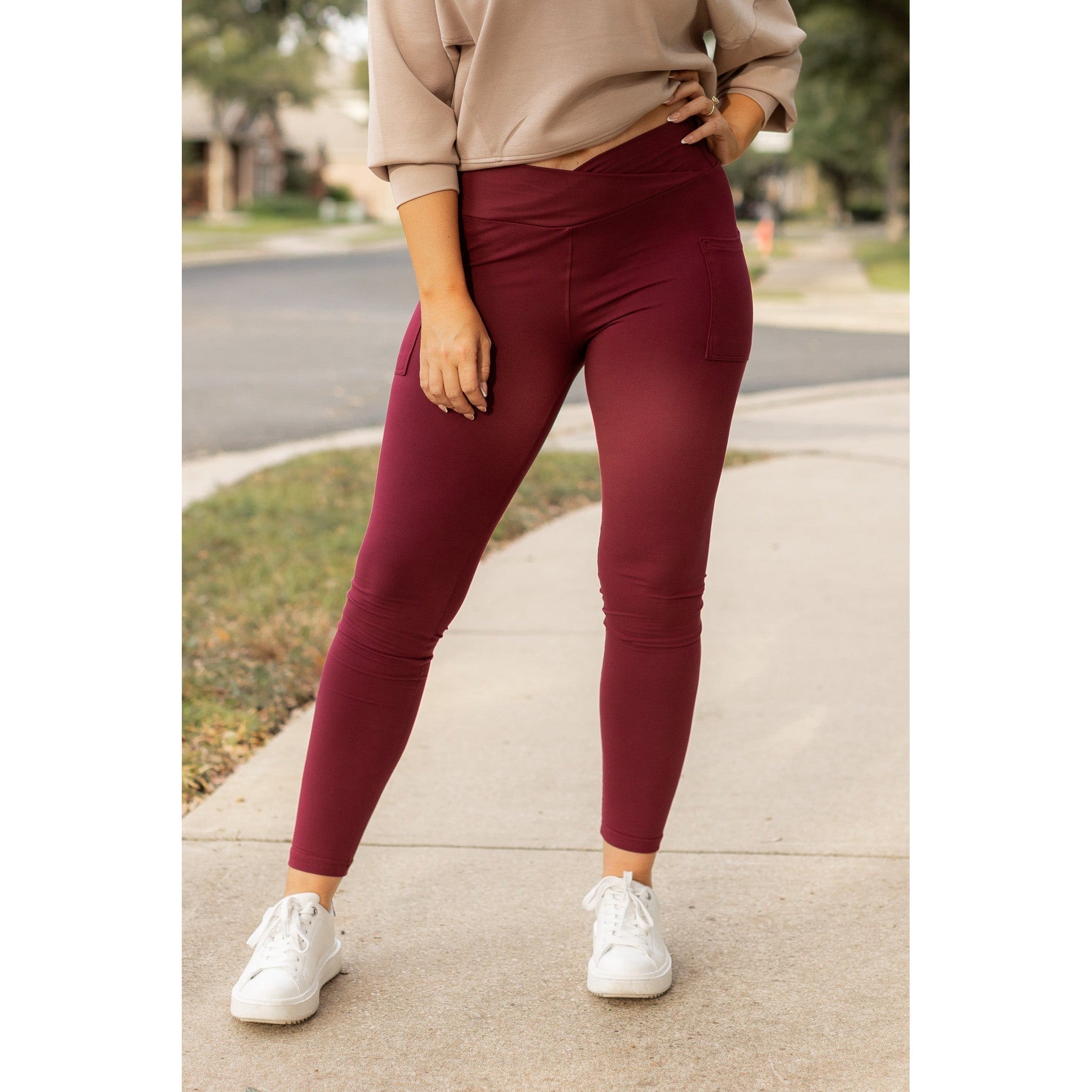 The Molly - MAROON Crossover Full Length Leggings with Pockets