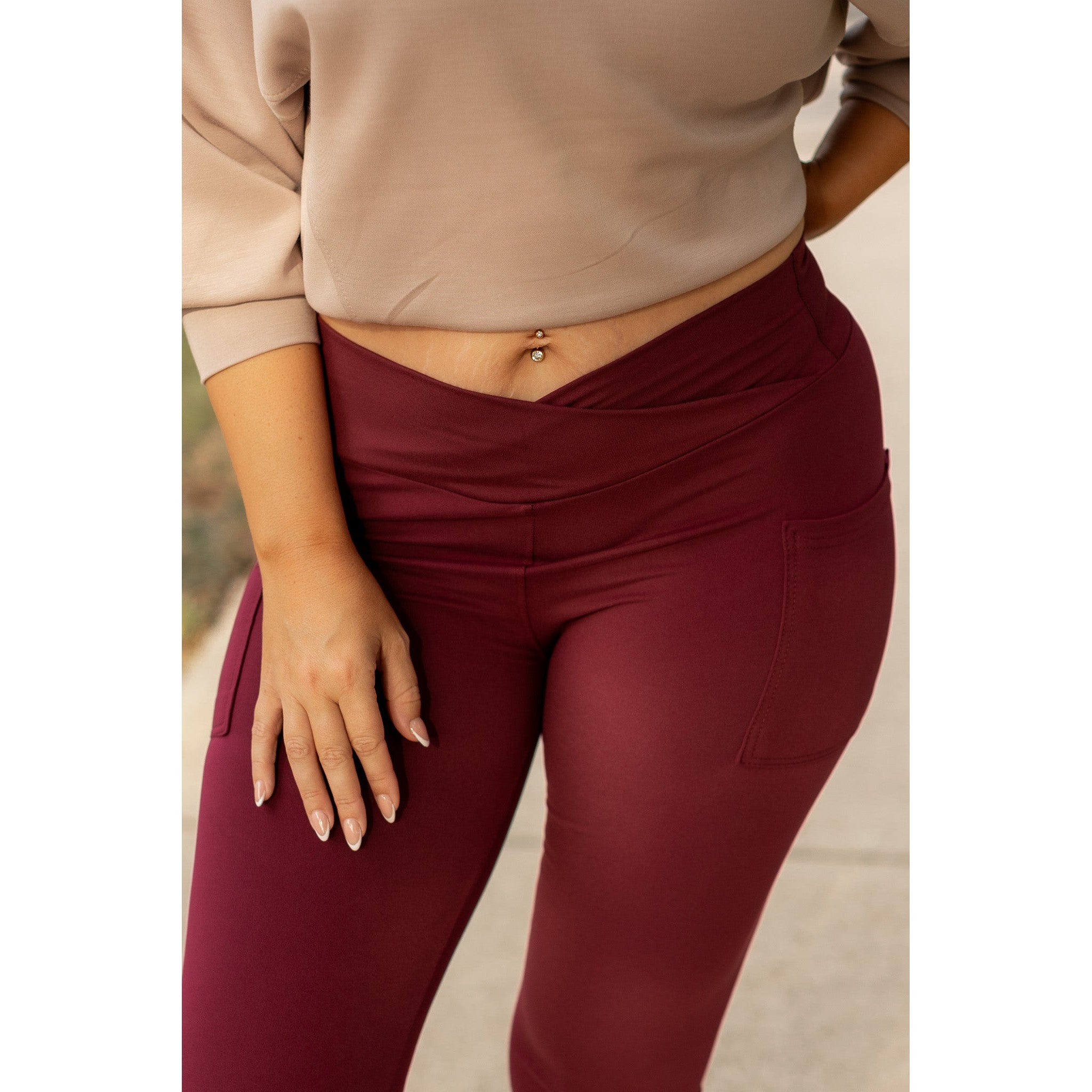 The Molly - MAROON Crossover Full Length Leggings with Pockets