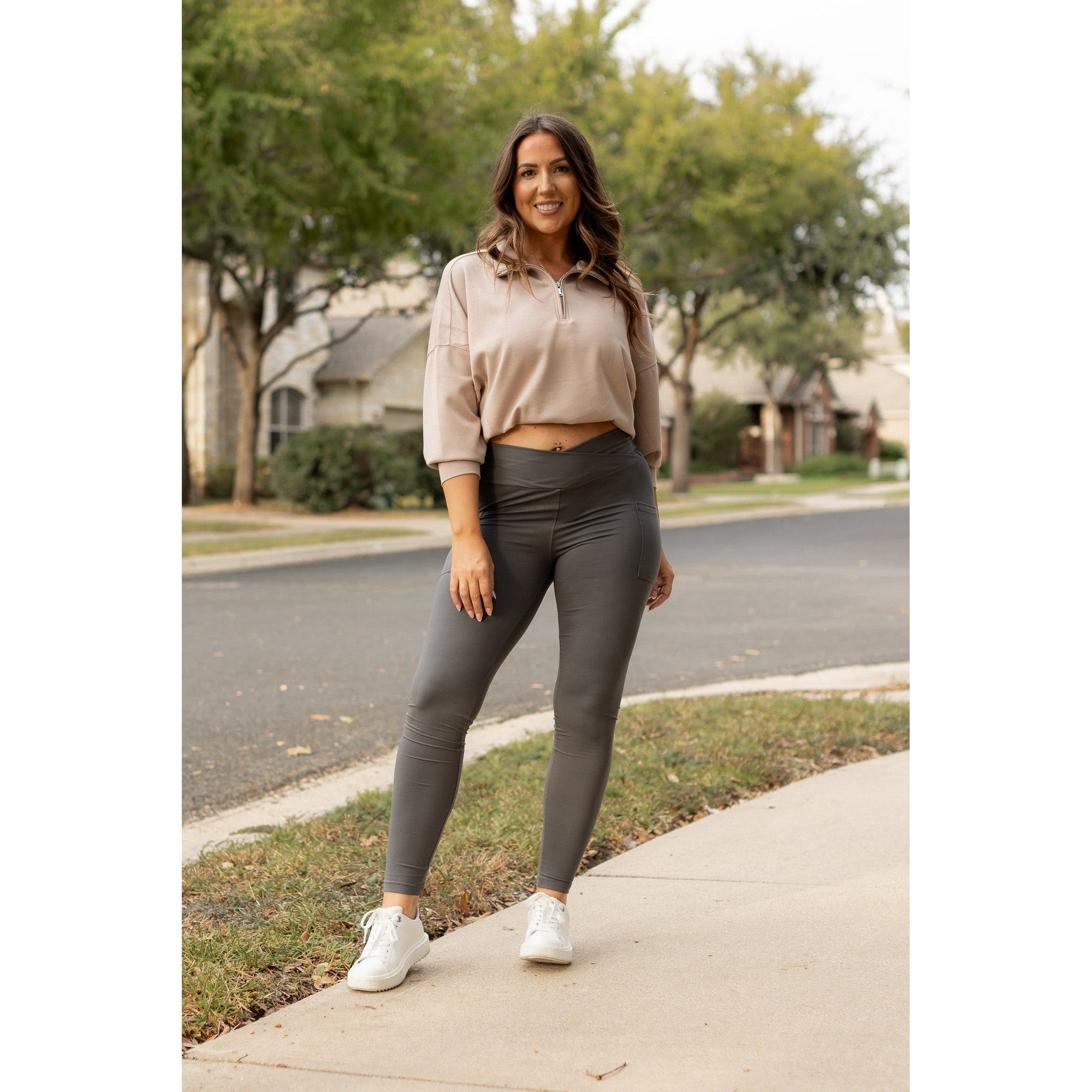 The Caitlin - CHARCOAL Crossover Full Length Leggings with Pockets