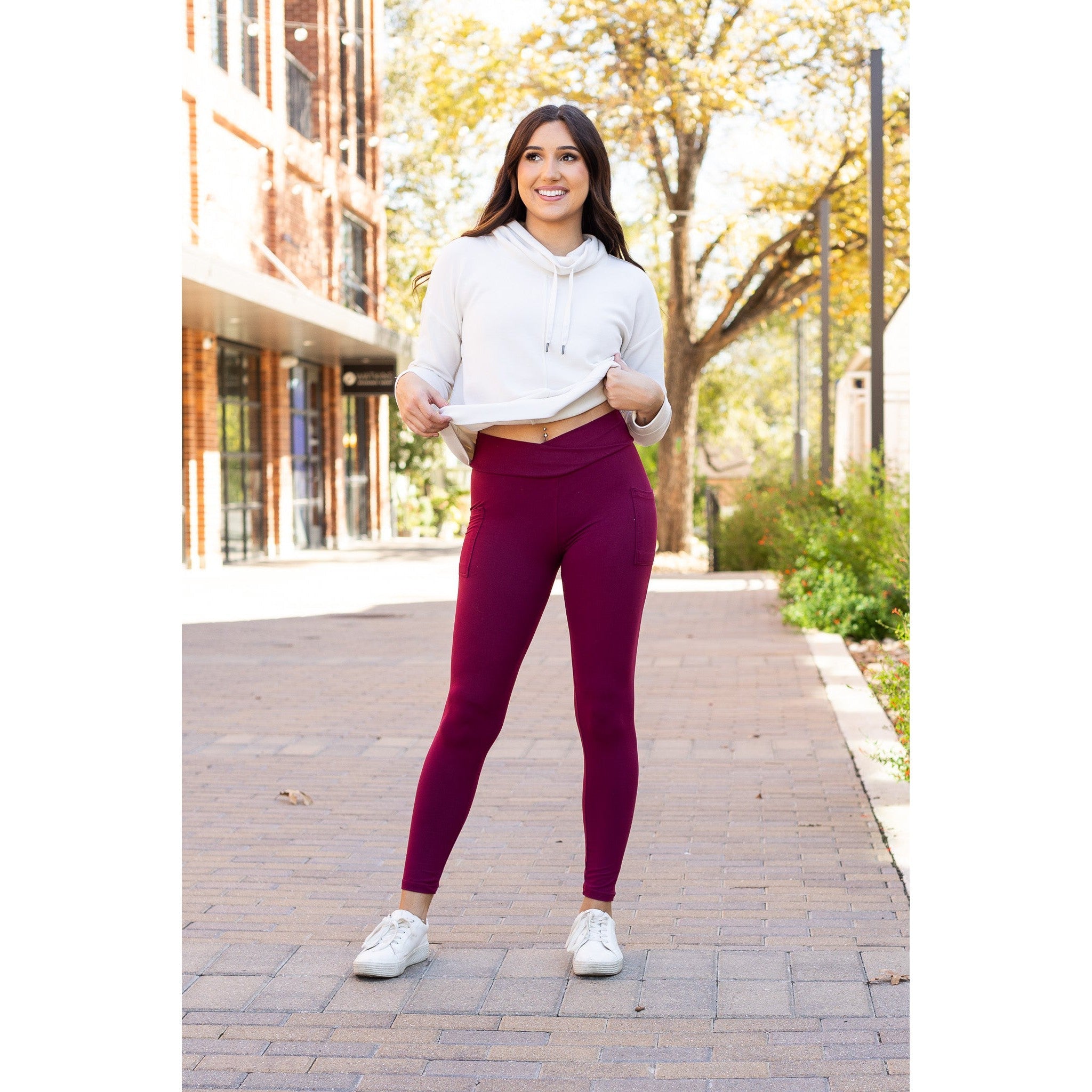 The Molly - MAROON Crossover Full Length Leggings with Pockets