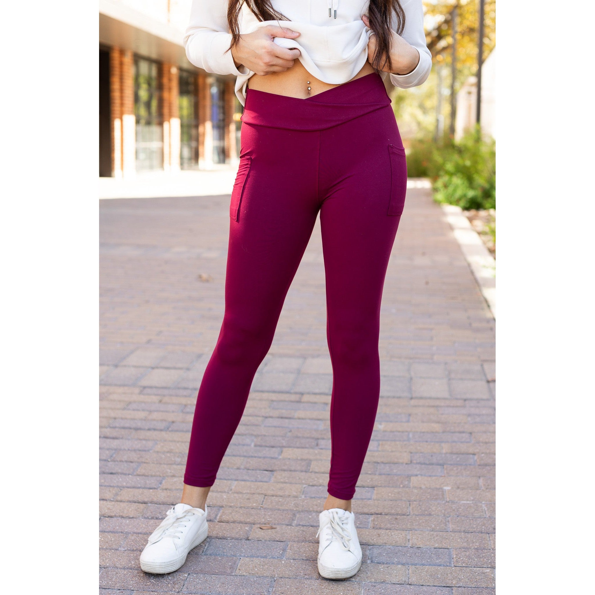 The Molly - MAROON Crossover Full Length Leggings with Pockets