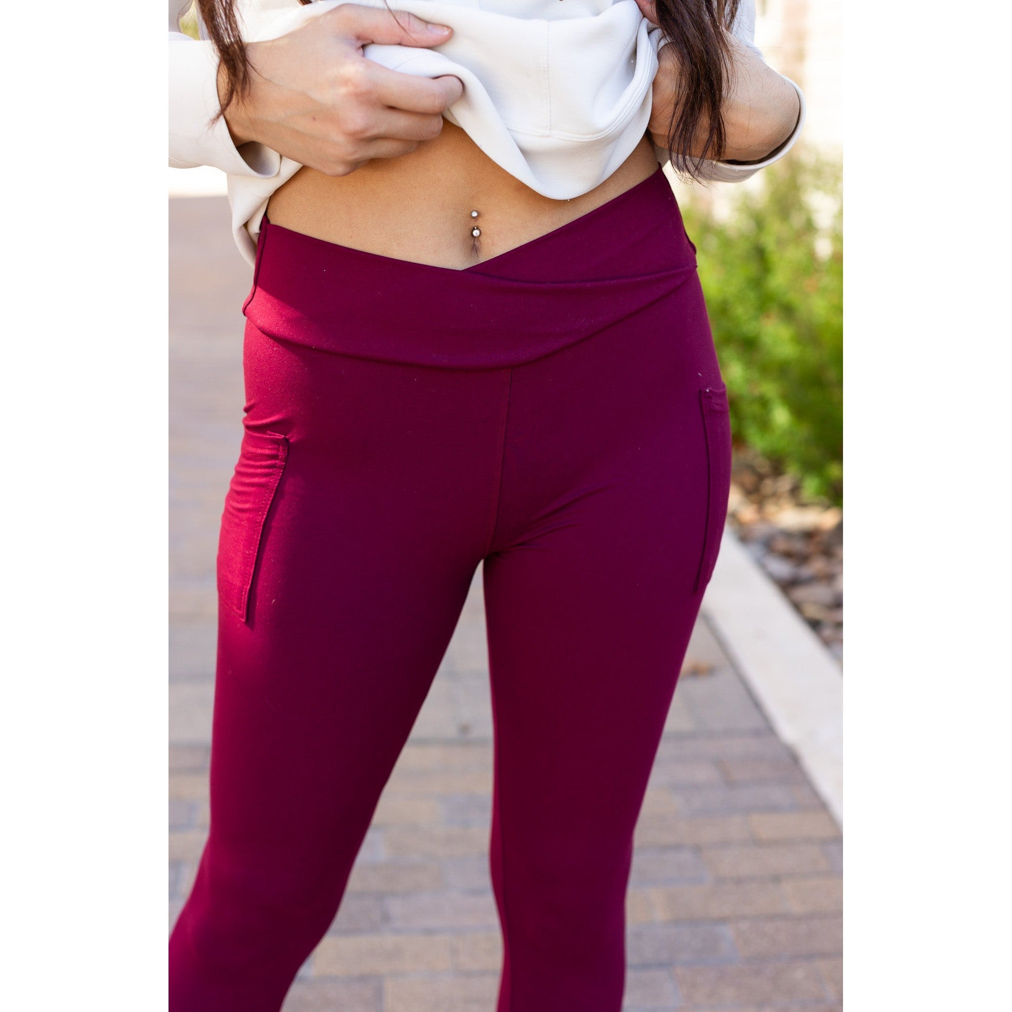 The Molly - MAROON Crossover Full Length Leggings with Pockets