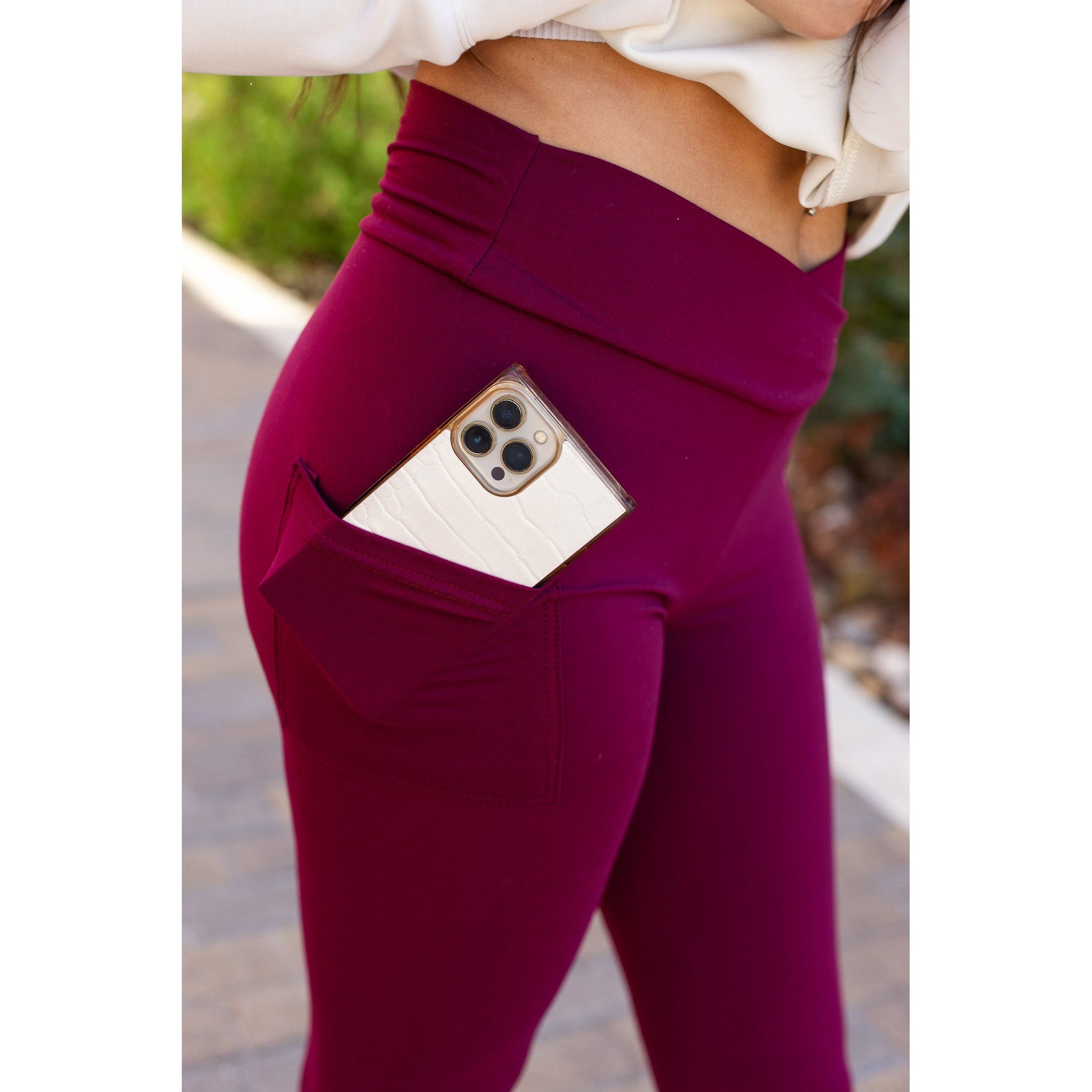 The Molly - MAROON Crossover Full Length Leggings with Pockets